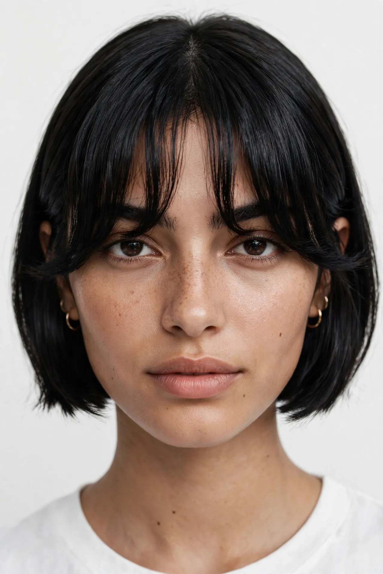 Micro bob with bottleneck bangs in jet black, eyebrow-grazing fringe, studio portrait