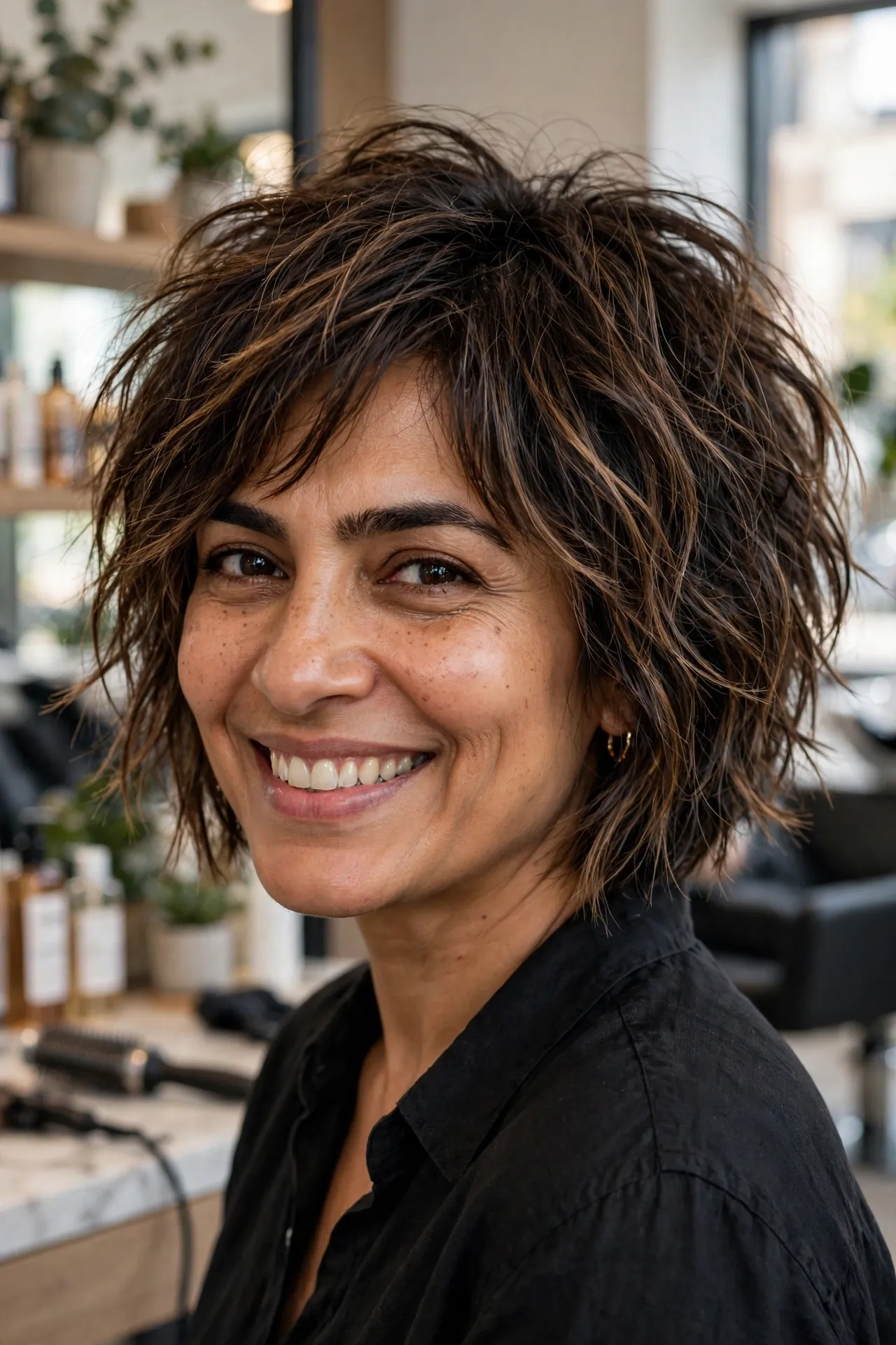 Choppy textured micro bob with caramel balayage ribbons, tousled salon styling