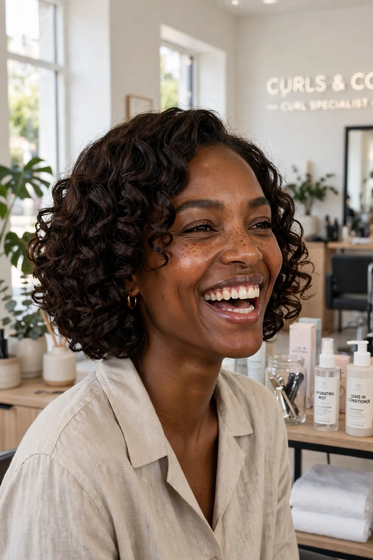 Curly jaw-length bob with defined bouncy curls in dark chocolate, salon portrait