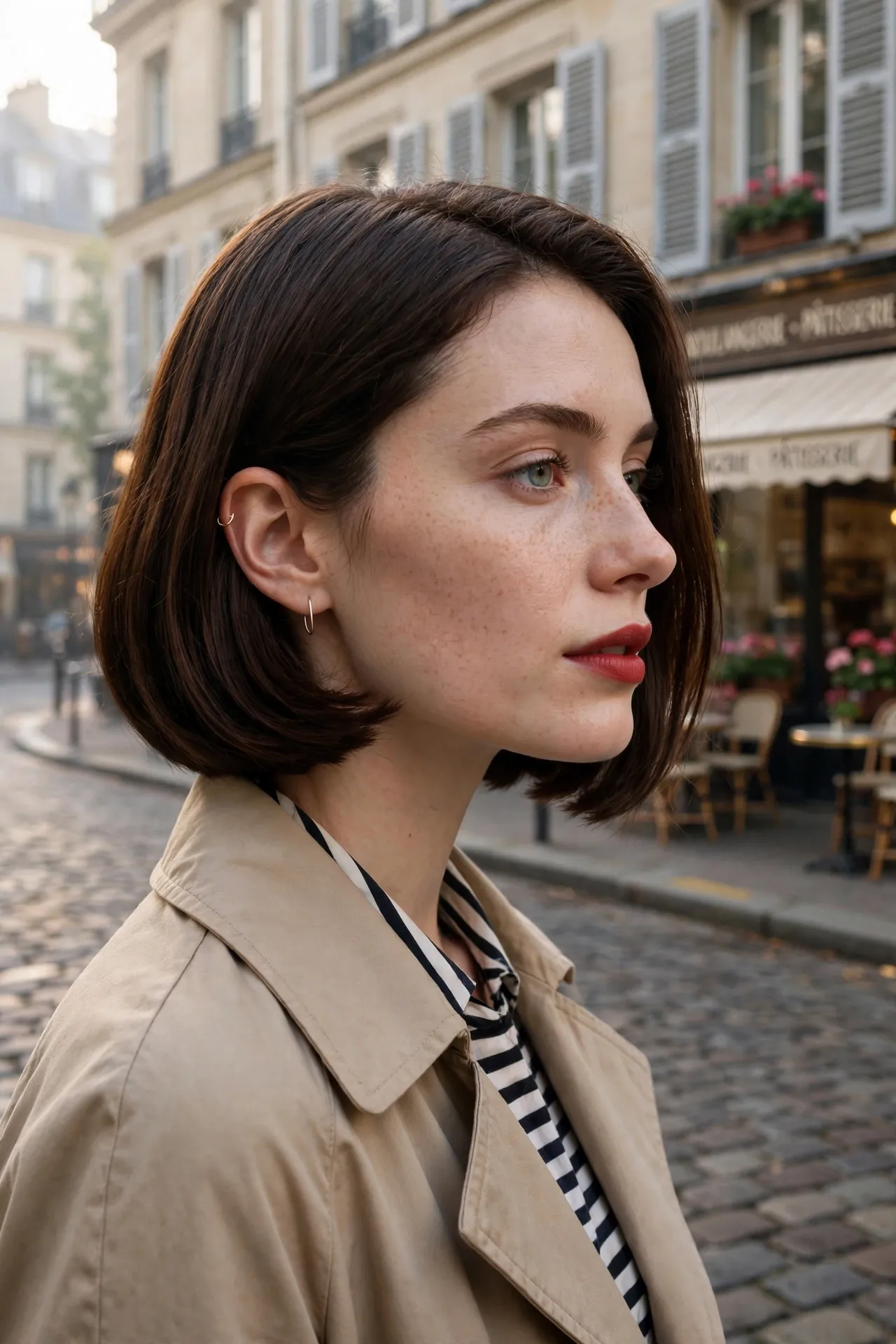 Ear-tuck French bob in chestnut with red lipstick, Parisian street style