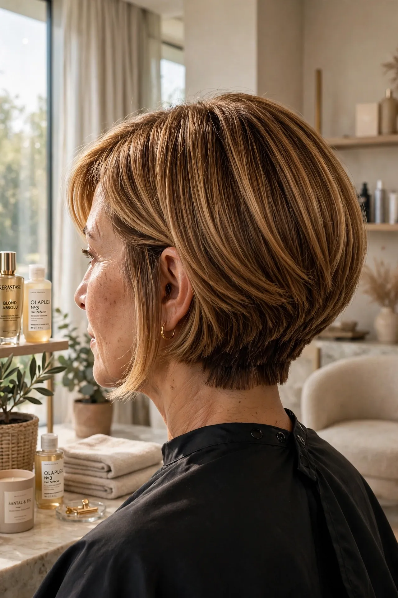 Graduated short bob with stacked back and honey-brown highlights, salon side view