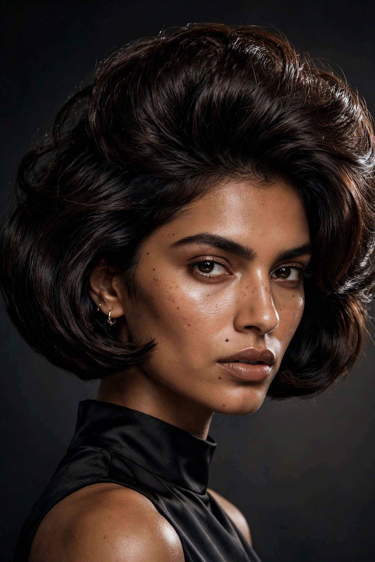 very short bobs for fine hair with a voluminous chin-length French bob in a dramatic high-contrast salon portrait