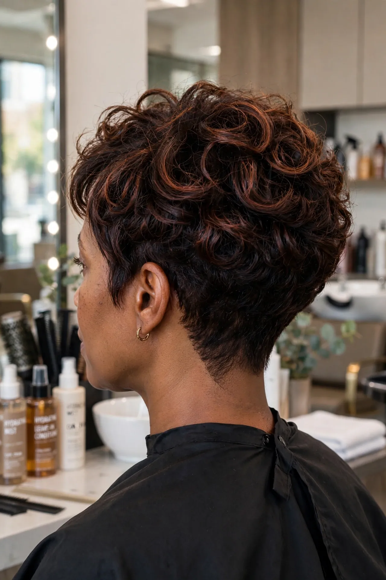 Micro bob with close tapered nape on natural textured hair, back view showing clean neckline