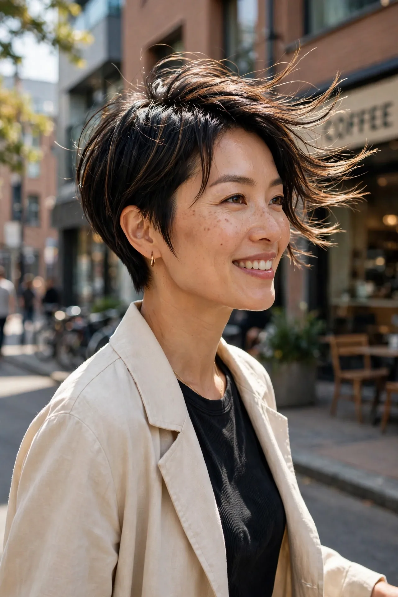 Pixie-bob hybrid on an East Asian woman, very short tapered back with textured jaw-grazing top, city street