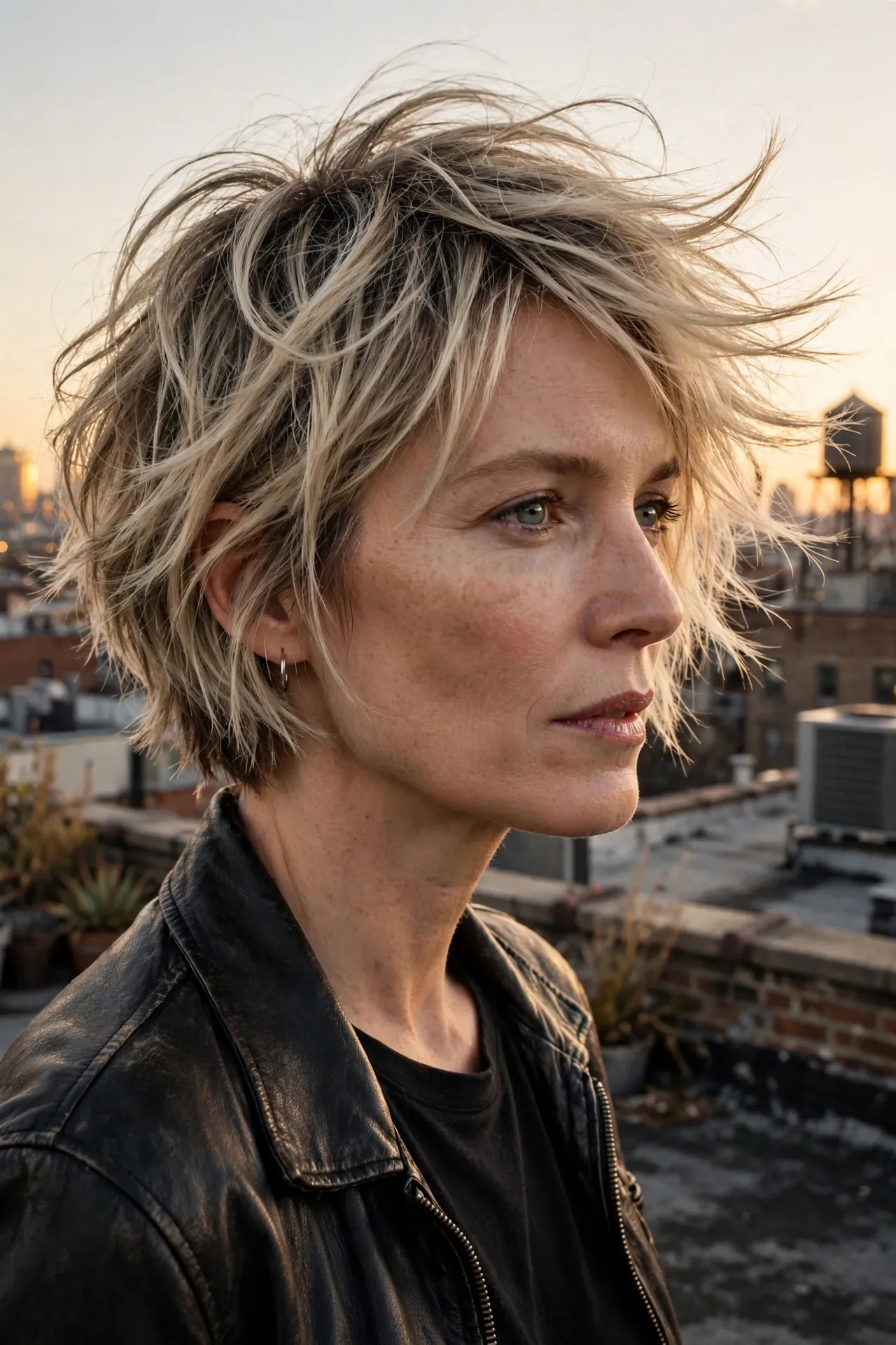 Razored shaggy short bob in ash blonde with feathered layers, golden hour rooftop