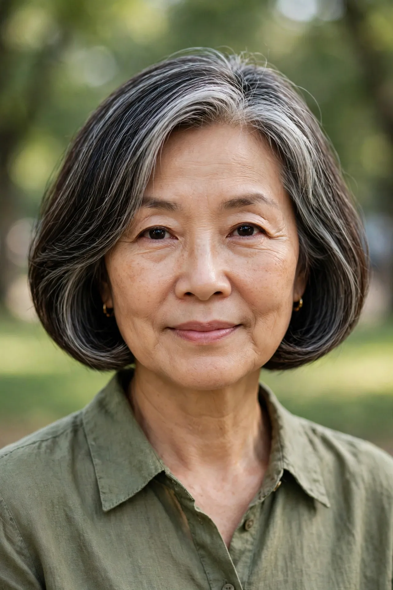 Rounded pageboy bob with silver-streaked hair, chin-length curved silhouette, park portrait
