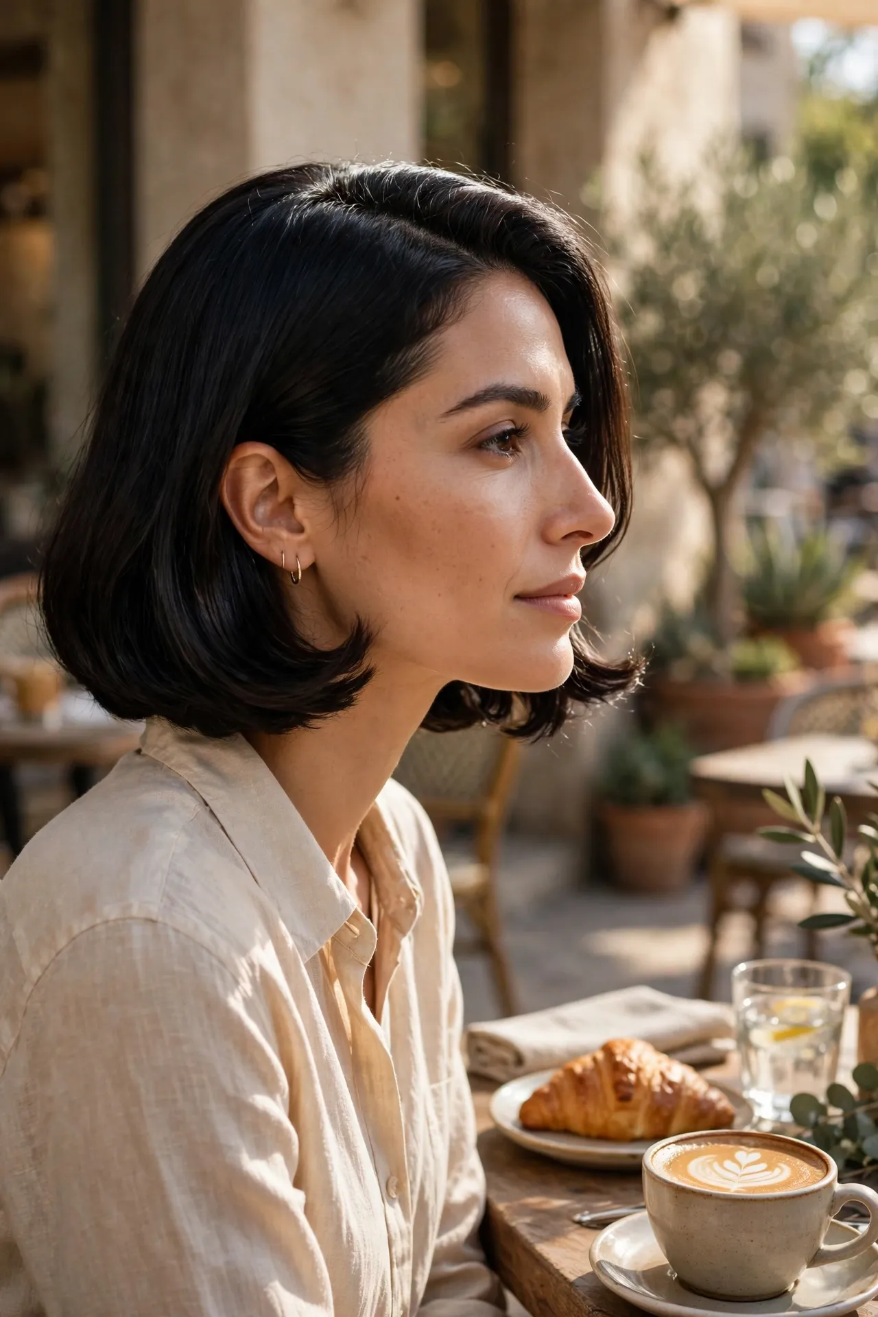Side-parted French bob in glossy espresso black, chin-length, cafe portrait