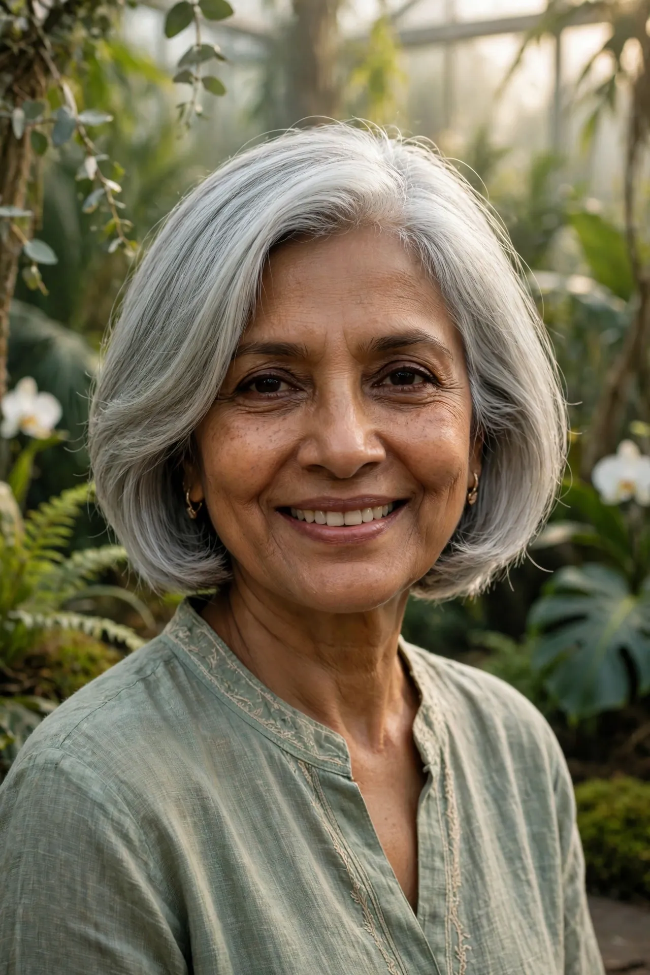 Elegant silver short bob with soft layers on a woman in her 60s, garden portrait