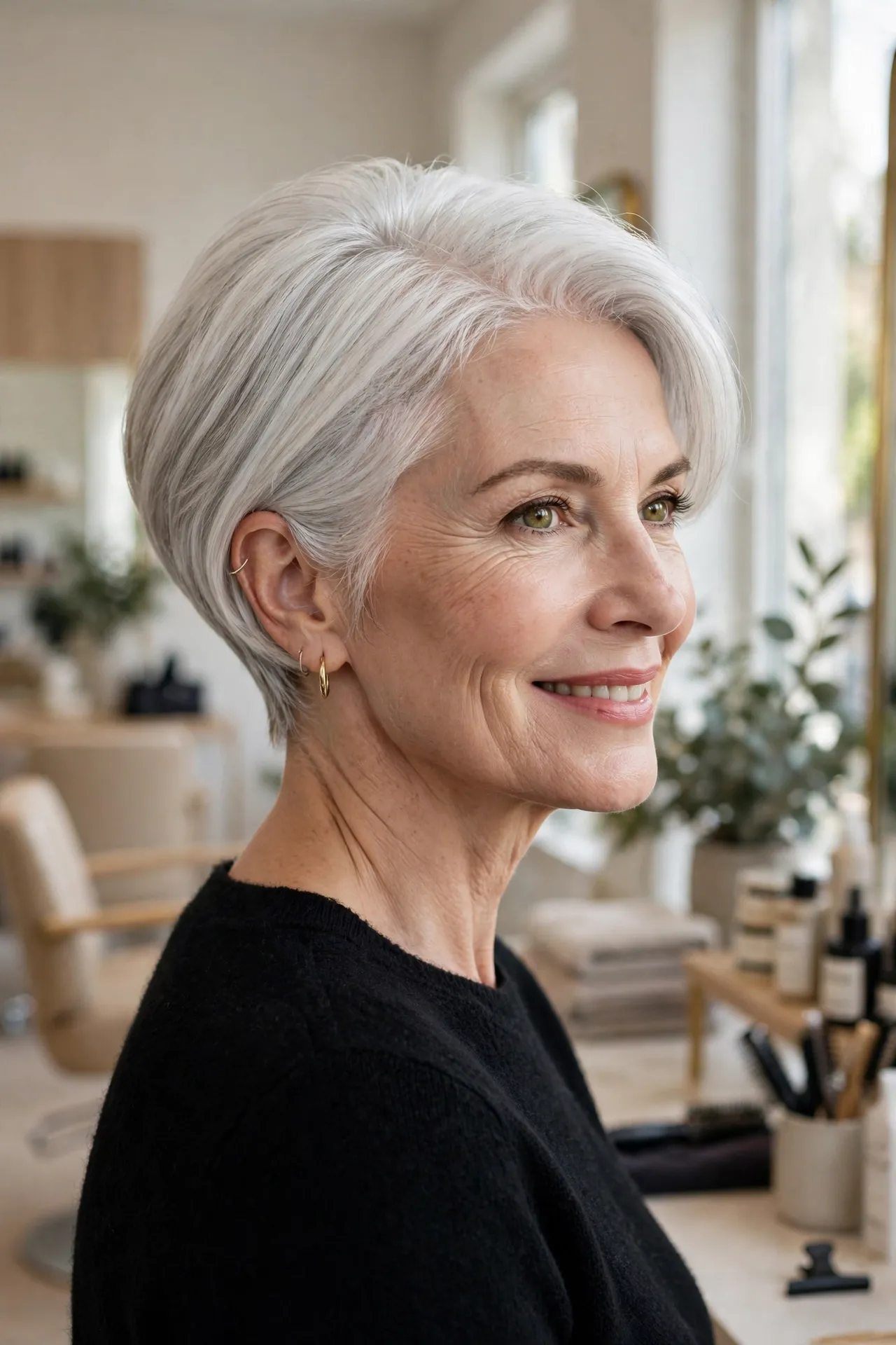 Silver micro bob above the jawline with tapered nape on a woman over 50, elegant salon portrait