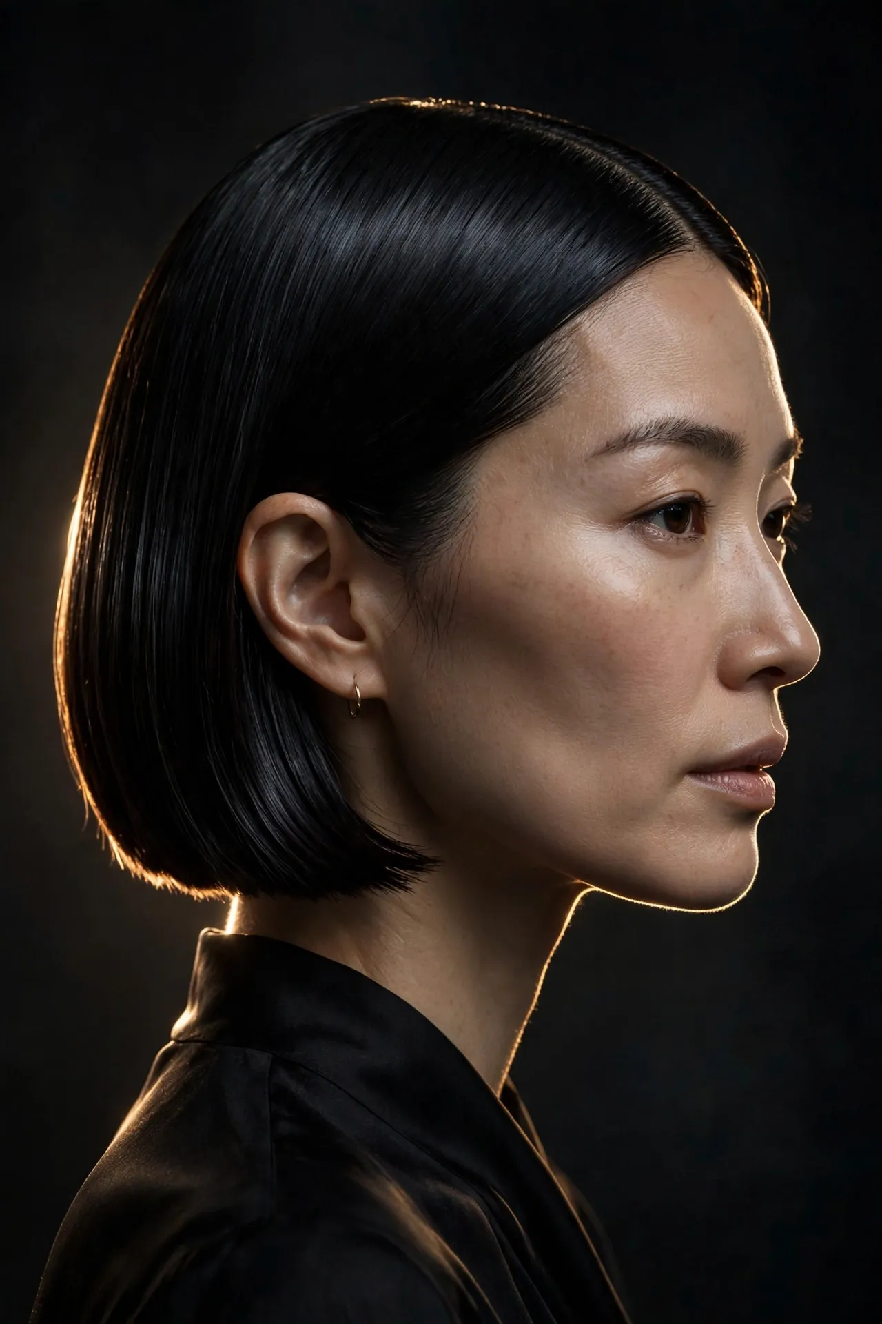 Sleek glass short bob in pin-straight jet black with mirror shine, moody studio profile