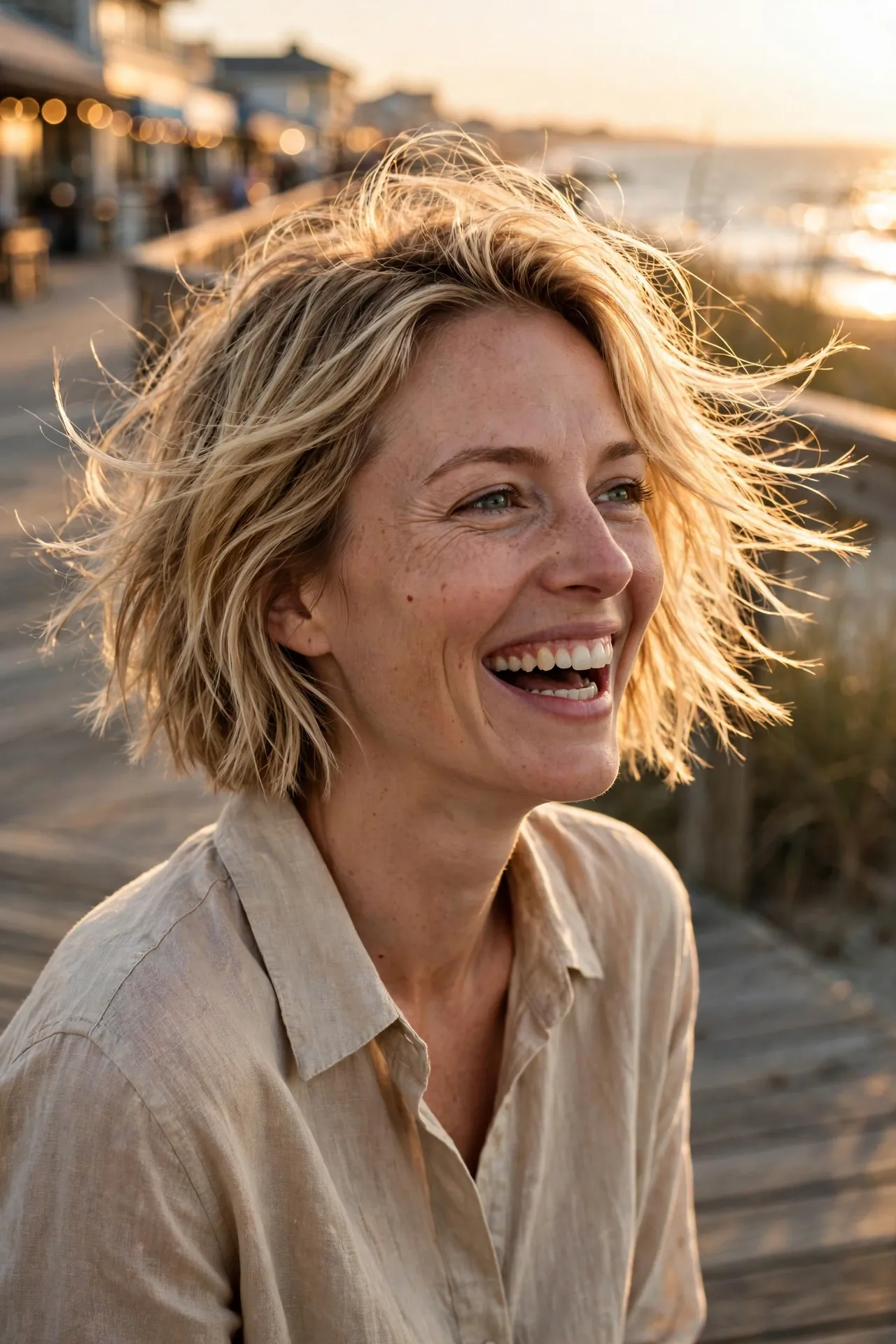 Tousled wash-and-go short bob in dirty blonde with beachy texture, boardwalk golden hour