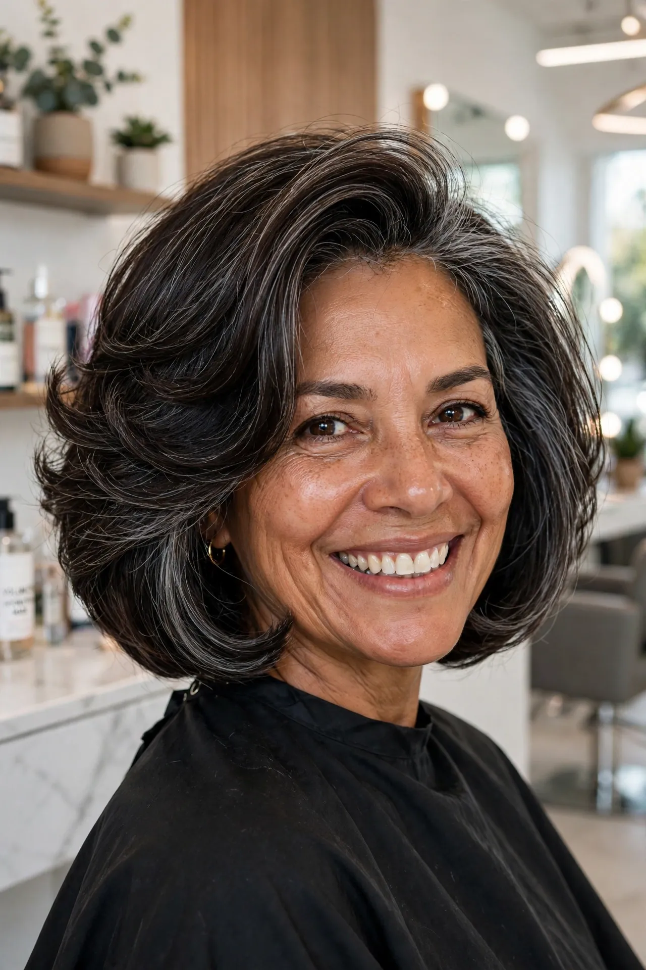 Voluminous jaw-length bob with big bouncy blowout, salt-and-pepper hair, radiant smile