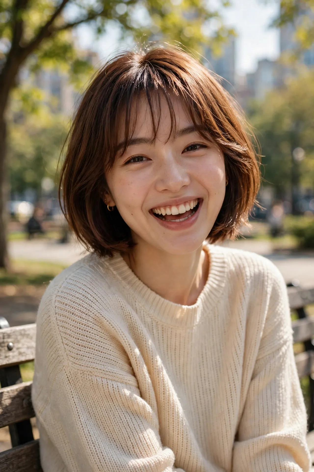 Short bob with wispy feathered fringe in chestnut brown, candid park smile