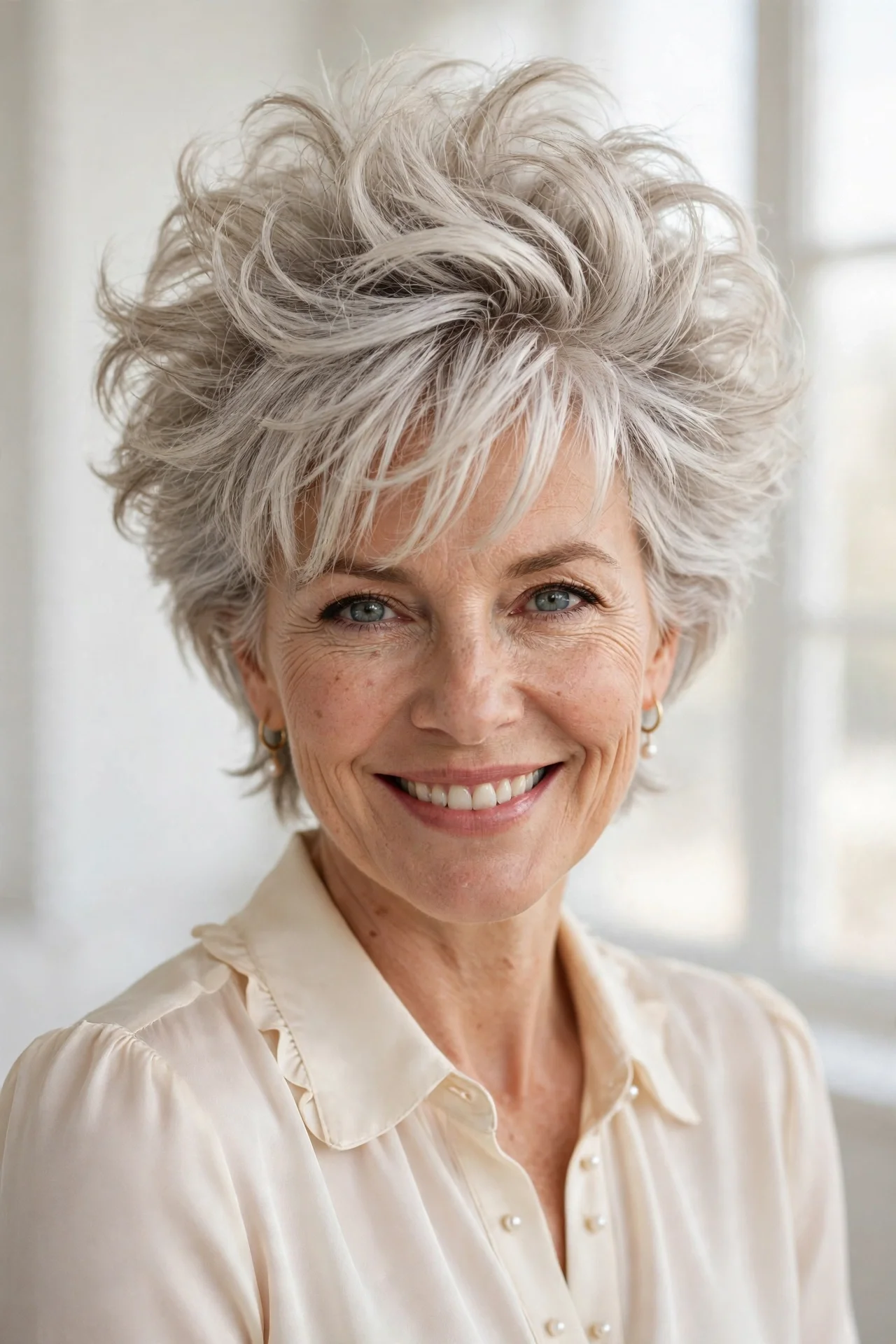 Voluminous crown bixie haircut with lifted roots and full top