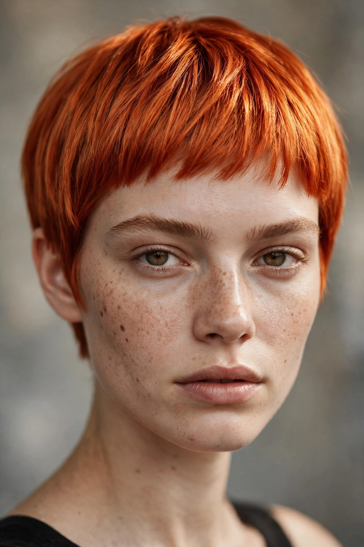 Very short bob with a vivid copper color