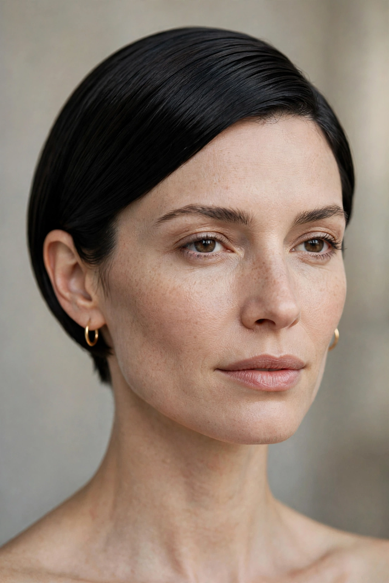 Sleek very short bob tucked behind the ears