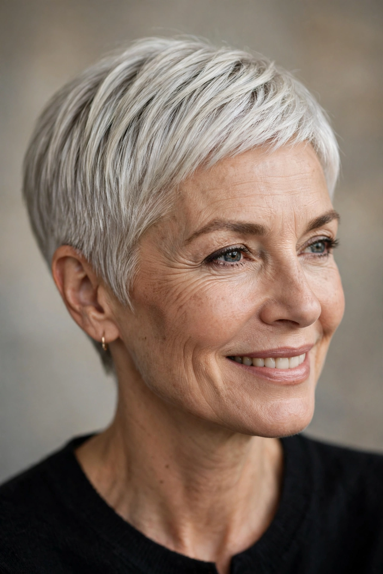 Chic very short bob on a woman in her 50s