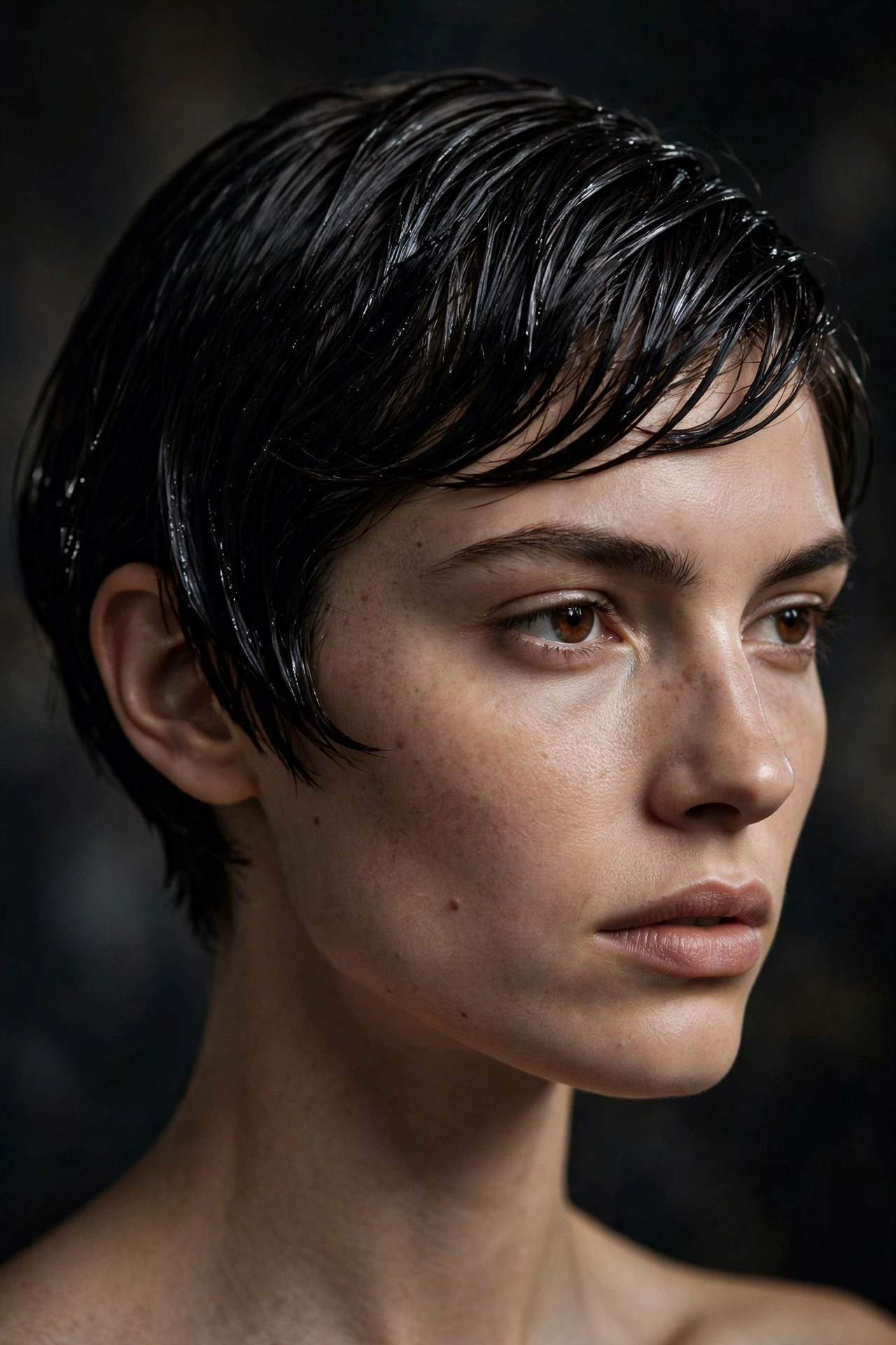 Wet look very short bob with glossy finish