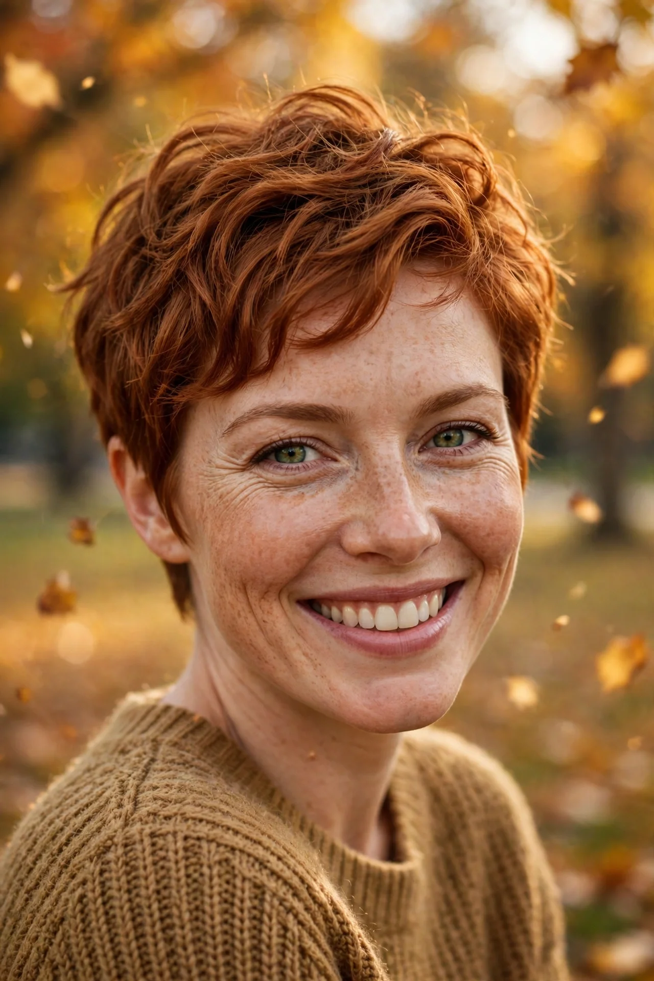Warm copper bixie cut with rich ginger tones on a woman with fair skin