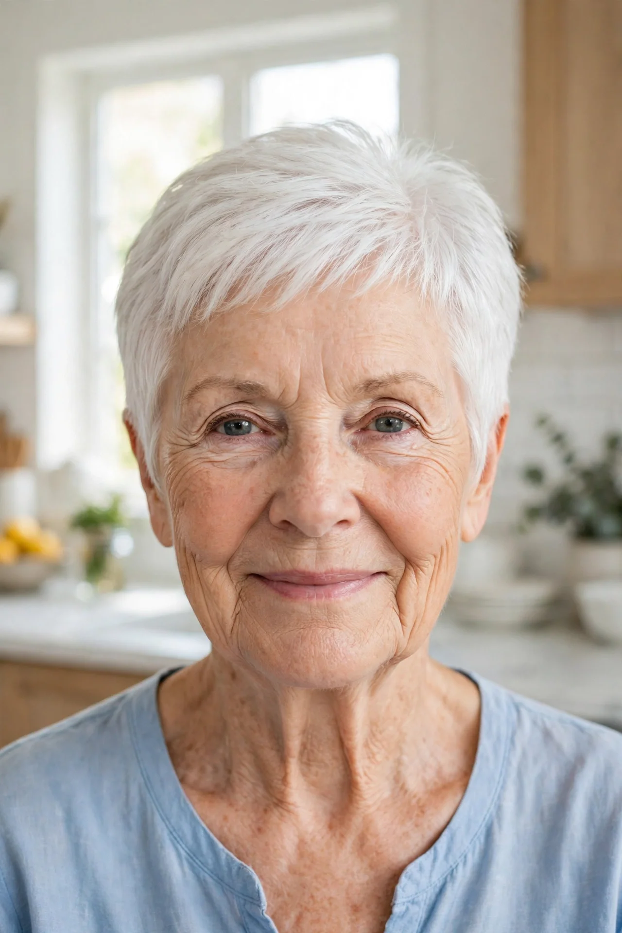 Woman in her 70s with a short white wash-and-go bixie