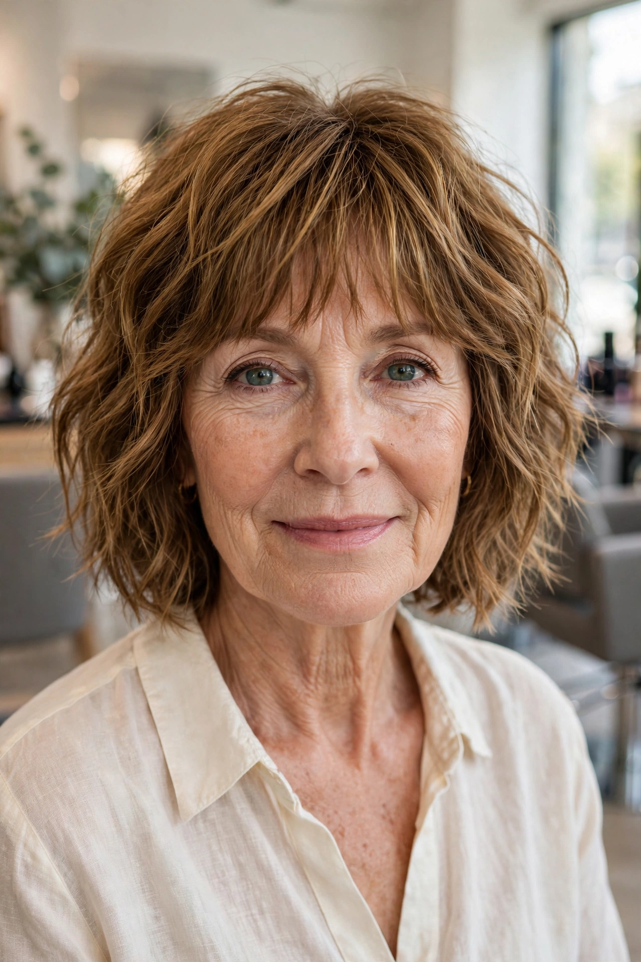 wavy choppy bob with bangs for women over 50