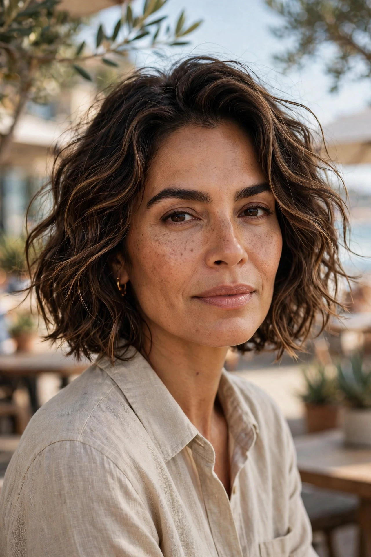 Wavy Italian hairstyle air-dried with natural texture on a Latina woman in her 40s