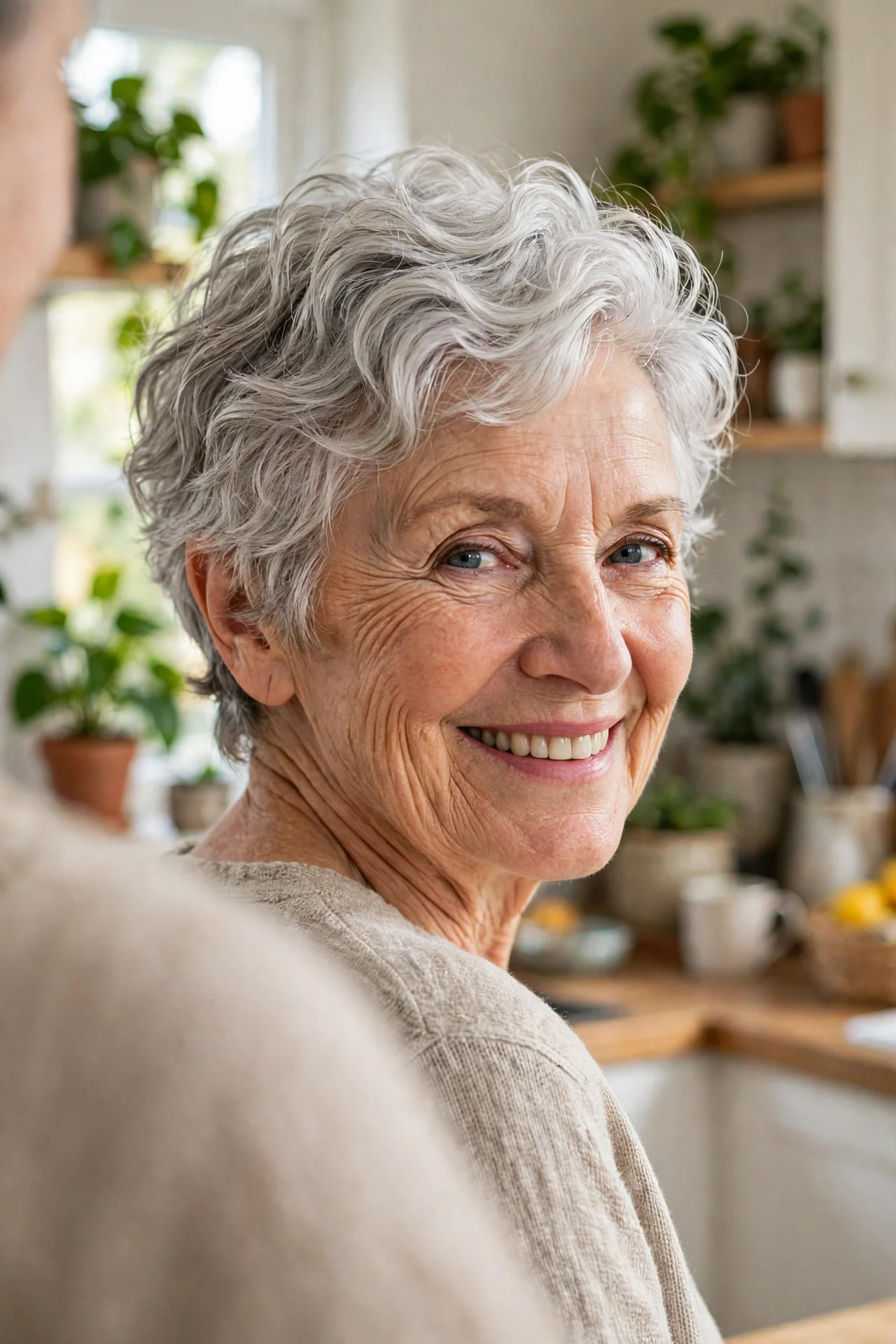 Woman in her 60s with a wavy silver bixie