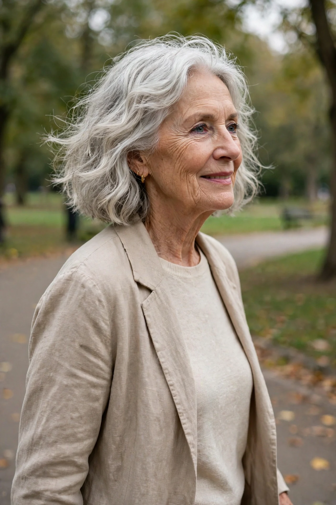 wavy silver italian bob air dried on a woman in her 70s