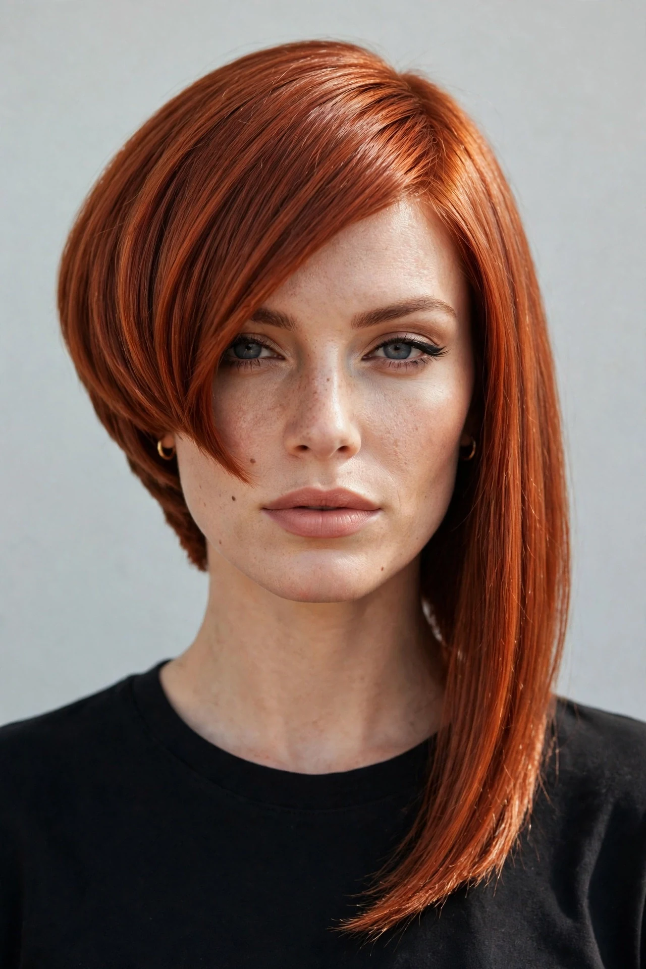 Asymmetrical wedged bob with one front side longer than the other