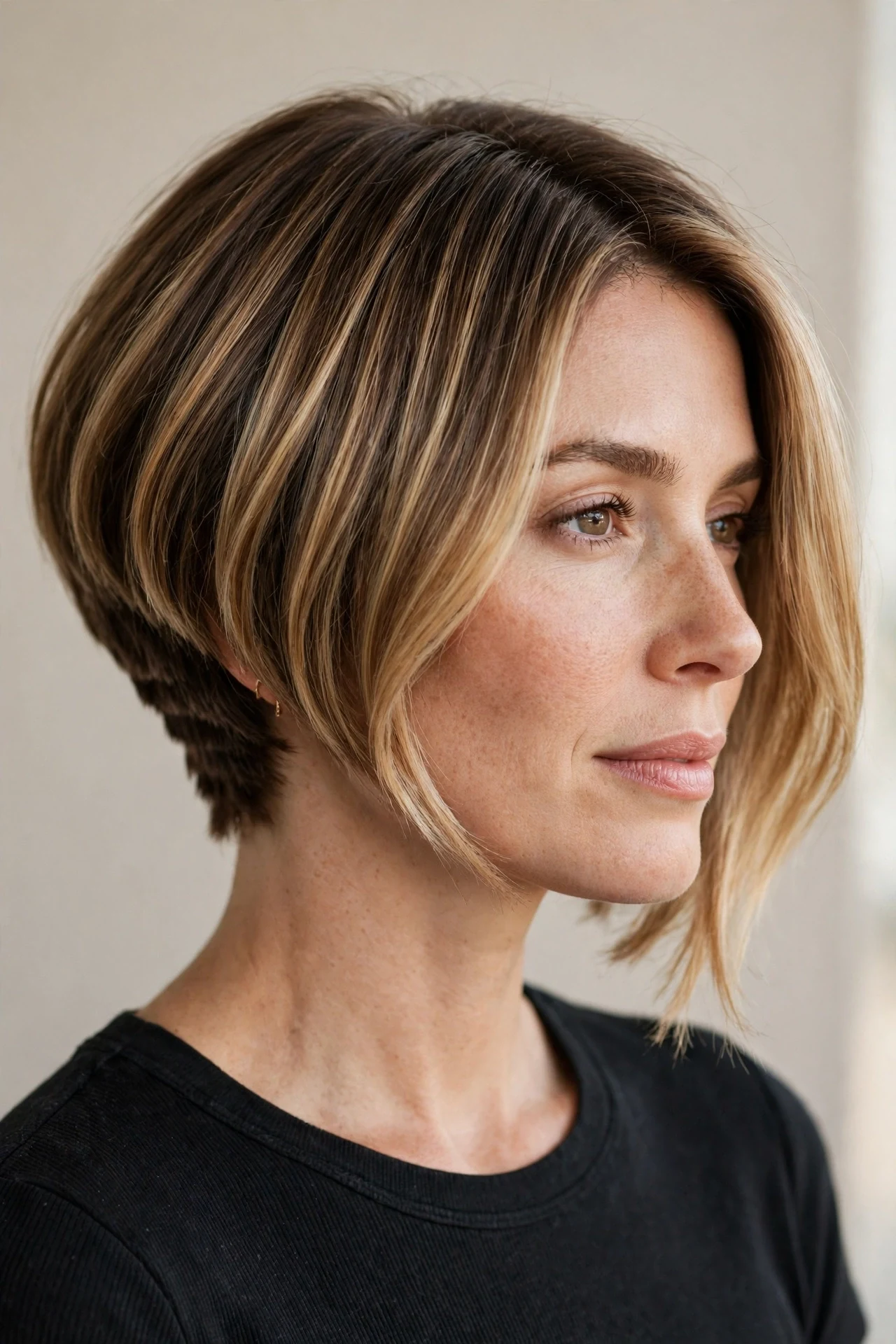 Balayage wedged bob with caramel blonde dimension through the layers