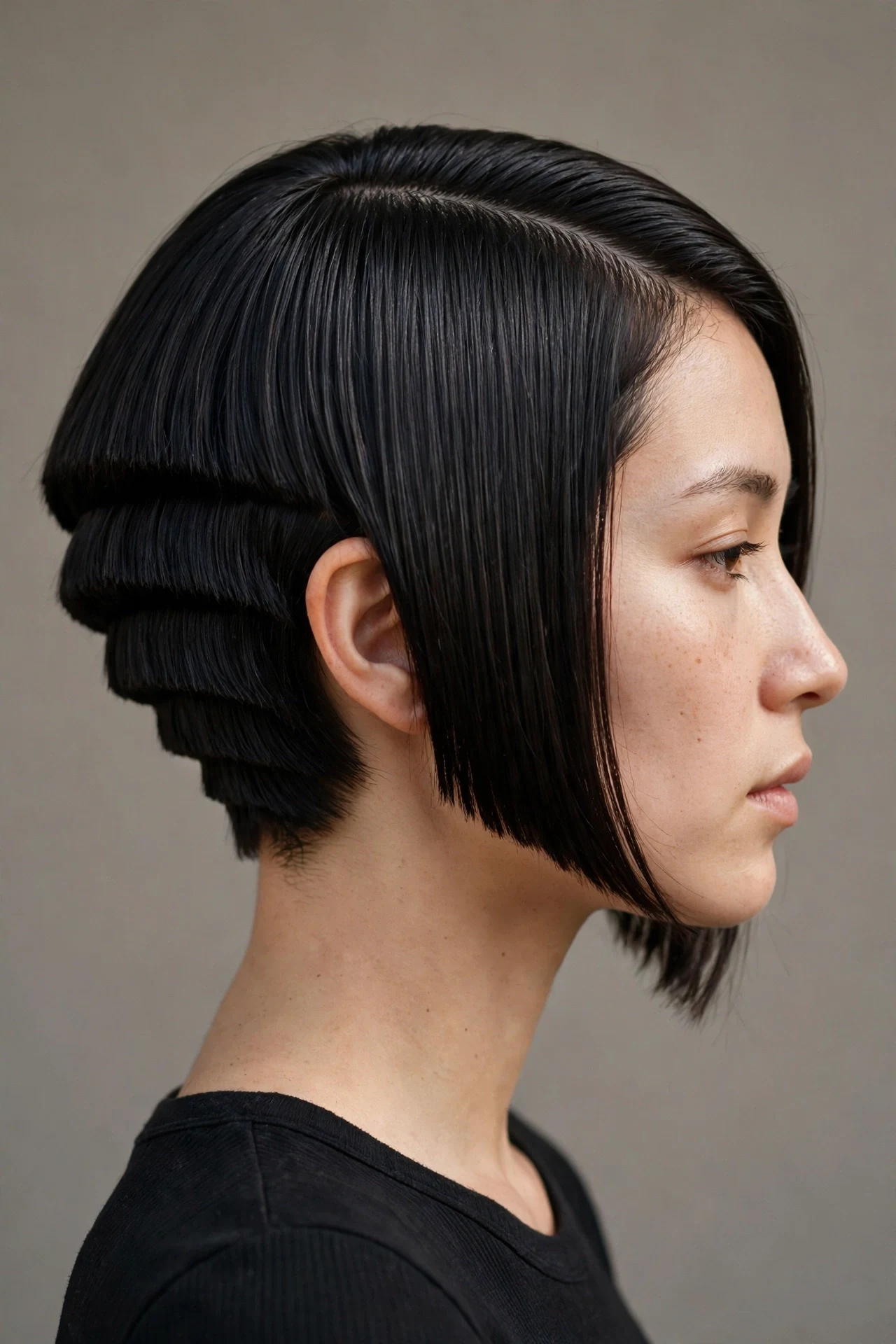 Classic wedged bob haircut with a sharply graduated stacked nape and longer front sections
