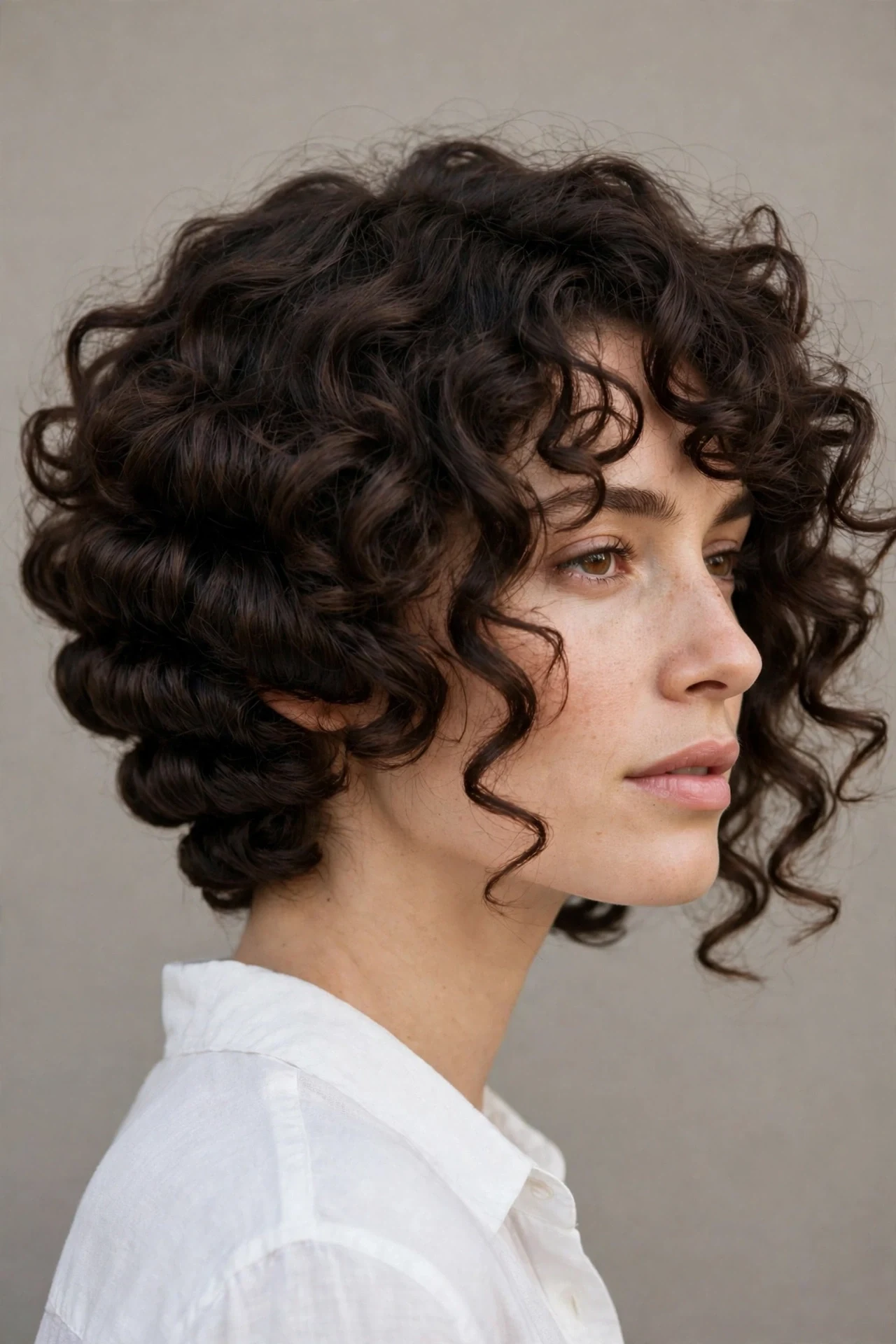 Curly wedged bob with graduated stacked curls at the nape