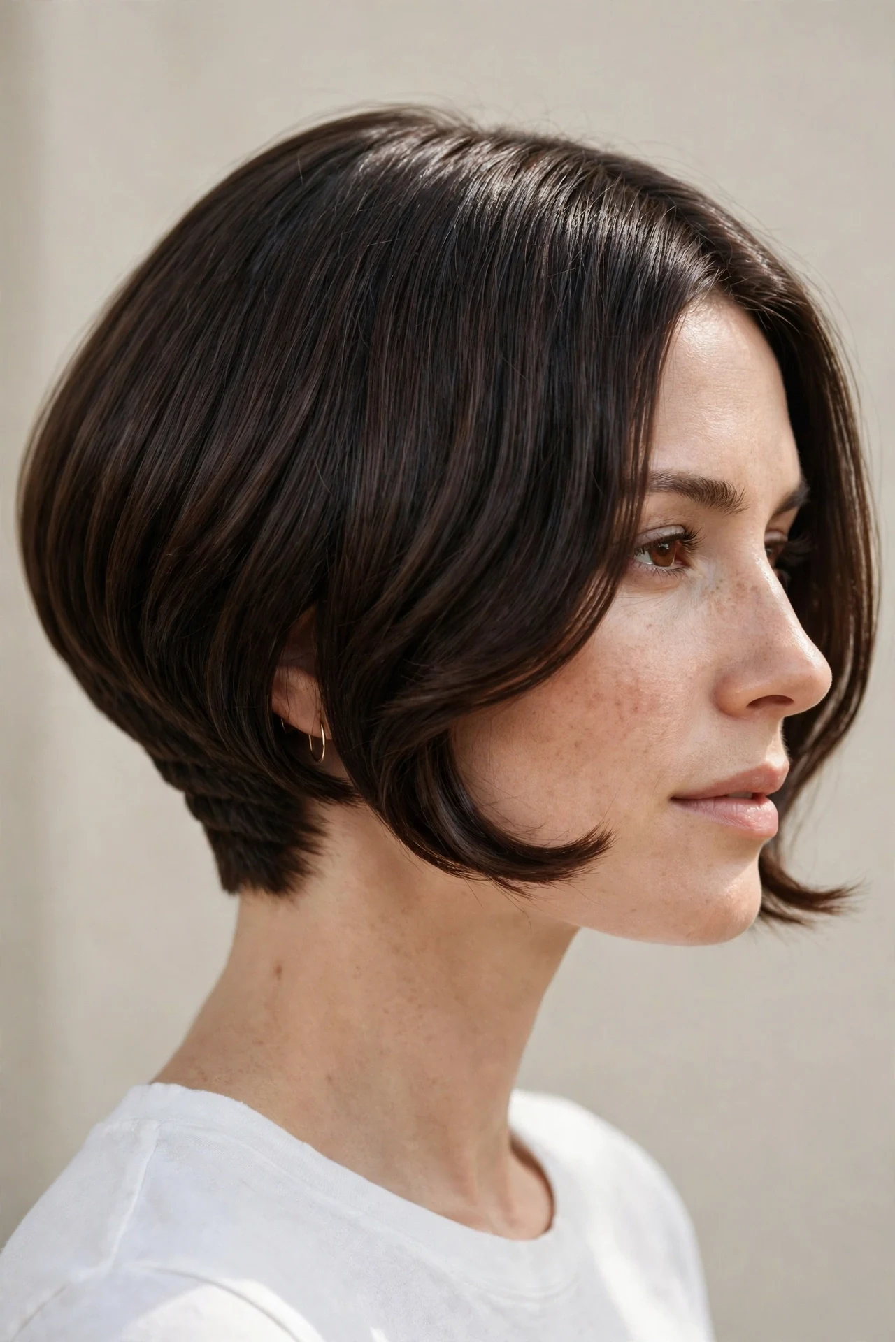Wedged bob haircut with a stacked graduated nape rising to longer face framing front pieces