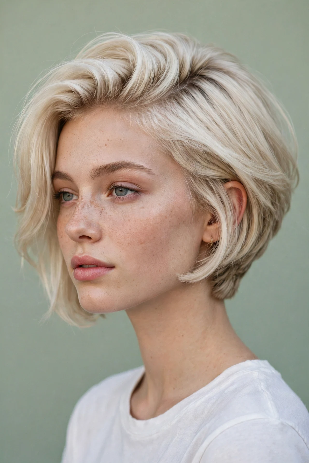 Medium length wedged bob with front pieces reaching past the jaw