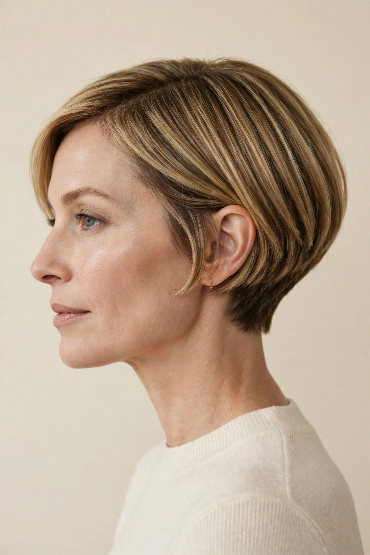Short wedged bob with a compact stacked nape and ear length front