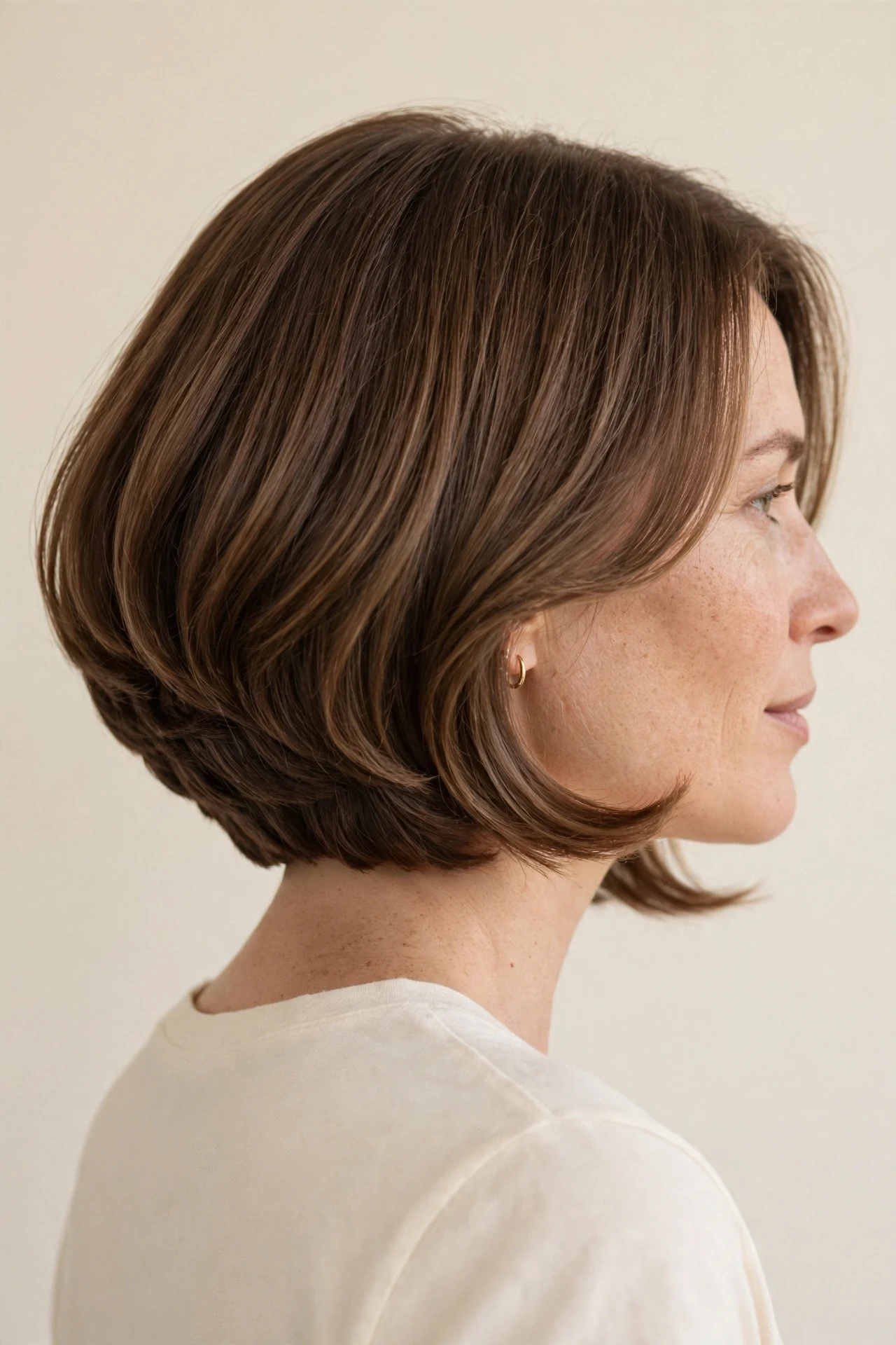 Soft graduated wedged bob with gentle stacked layers and curved ends