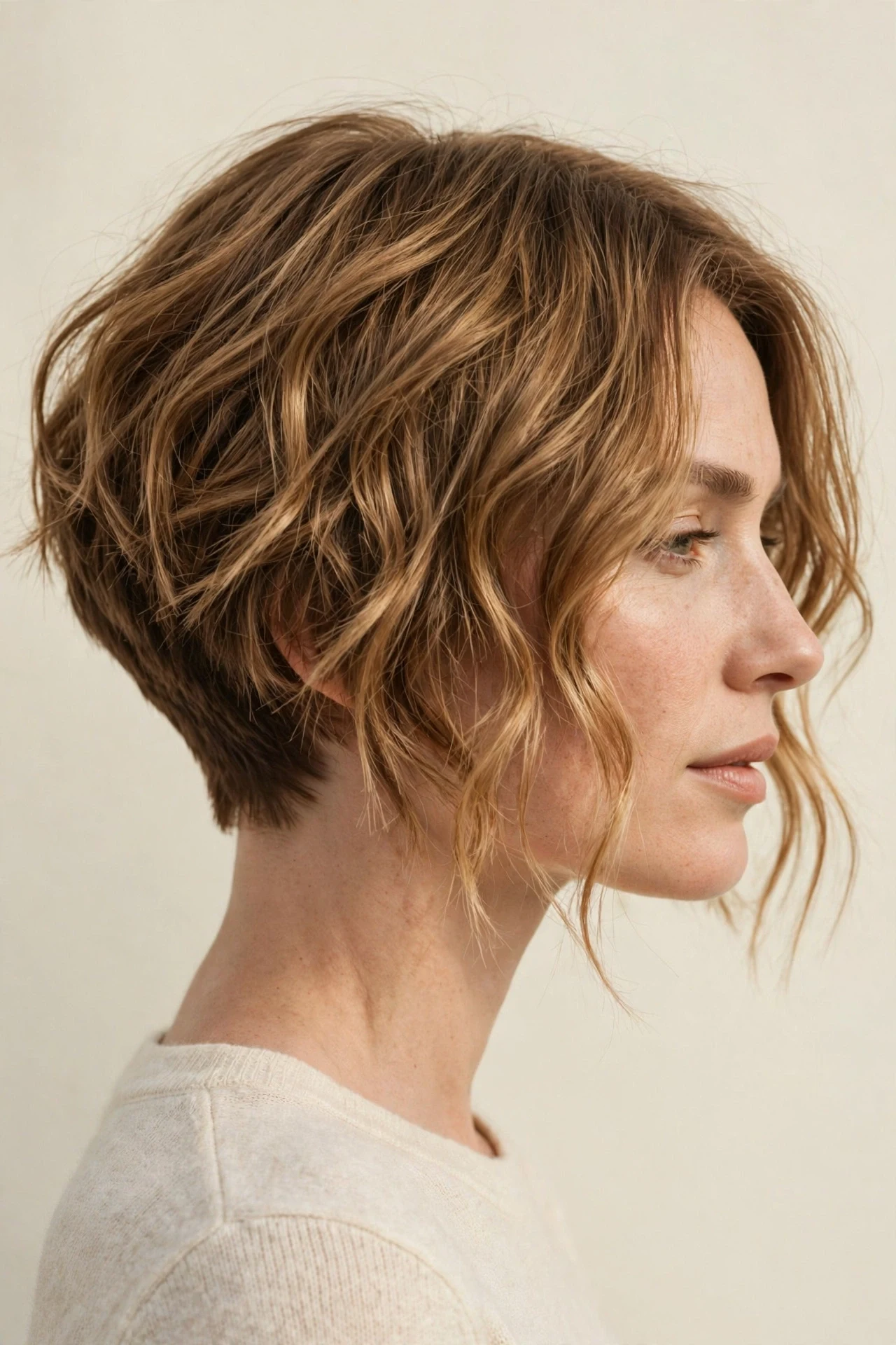 Wavy wedged bob with tousled texture in the longer front sections