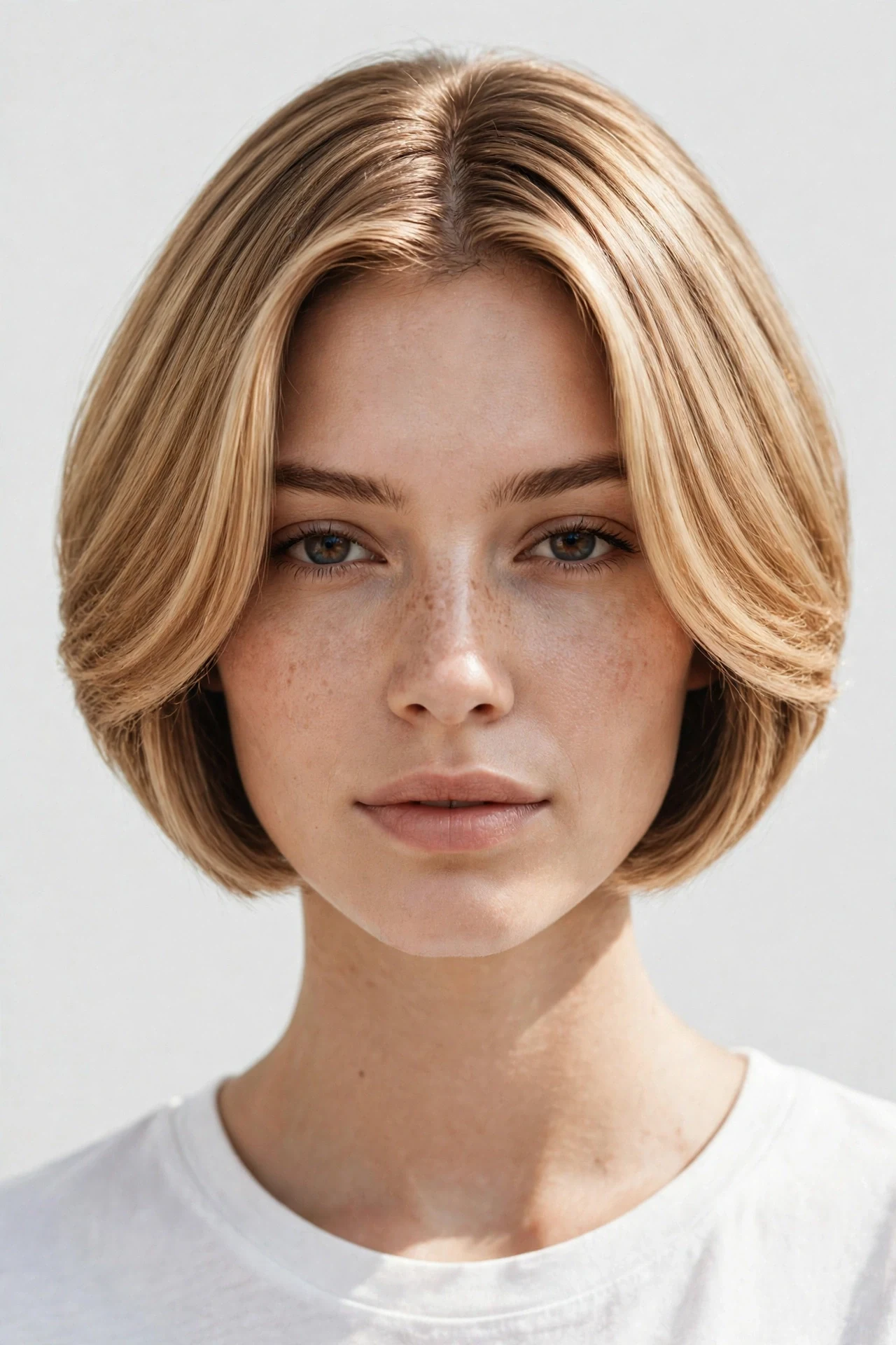 Wedged bob on an oval face with a center part and chin length front