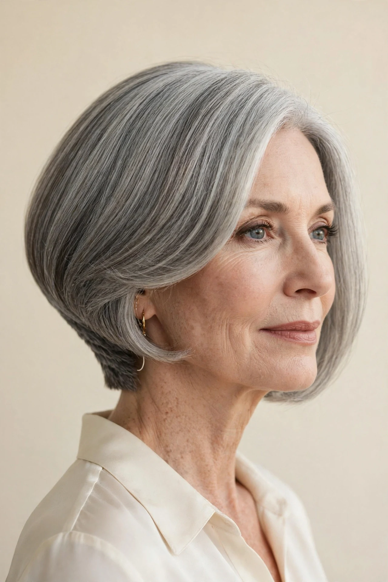Elegant wedged bob on a woman over 50 with silver blended hair