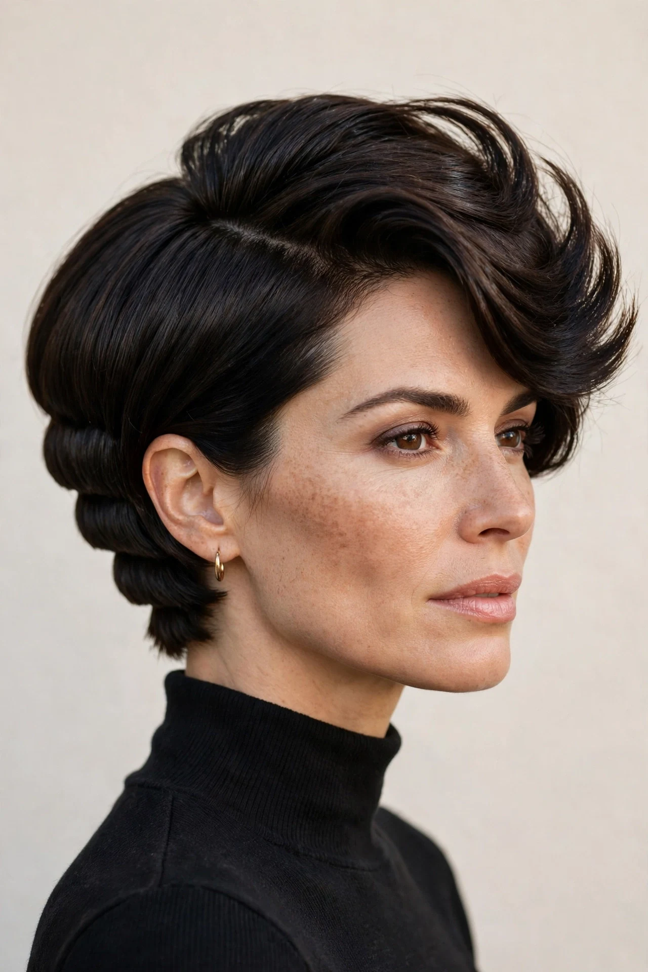 Wedged bob styled with a deep side part and crown volume