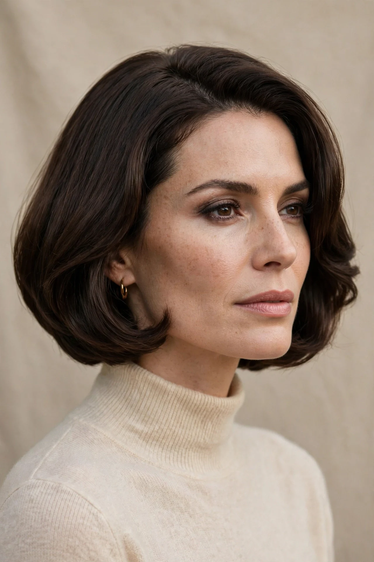 Wedged bob on a square face with rounded layers softening the jawline