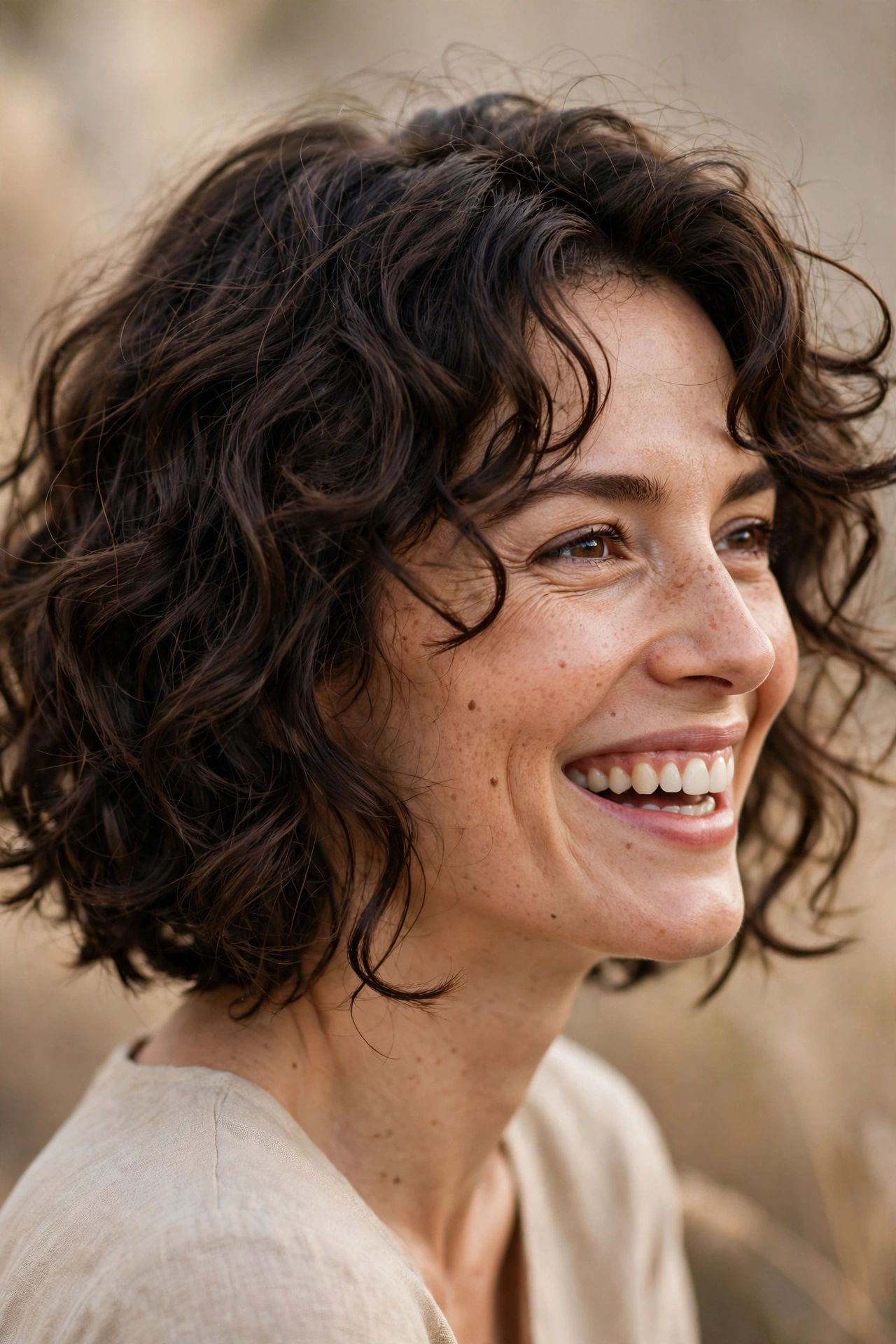 Wispy curly bob with feathered curl ends