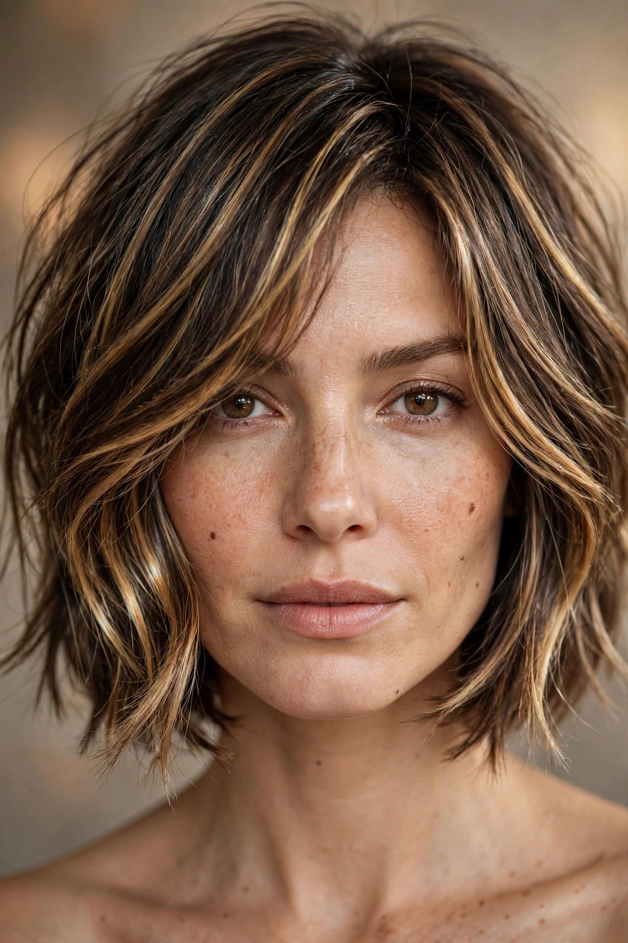 Wispy bob with dimensional highlights