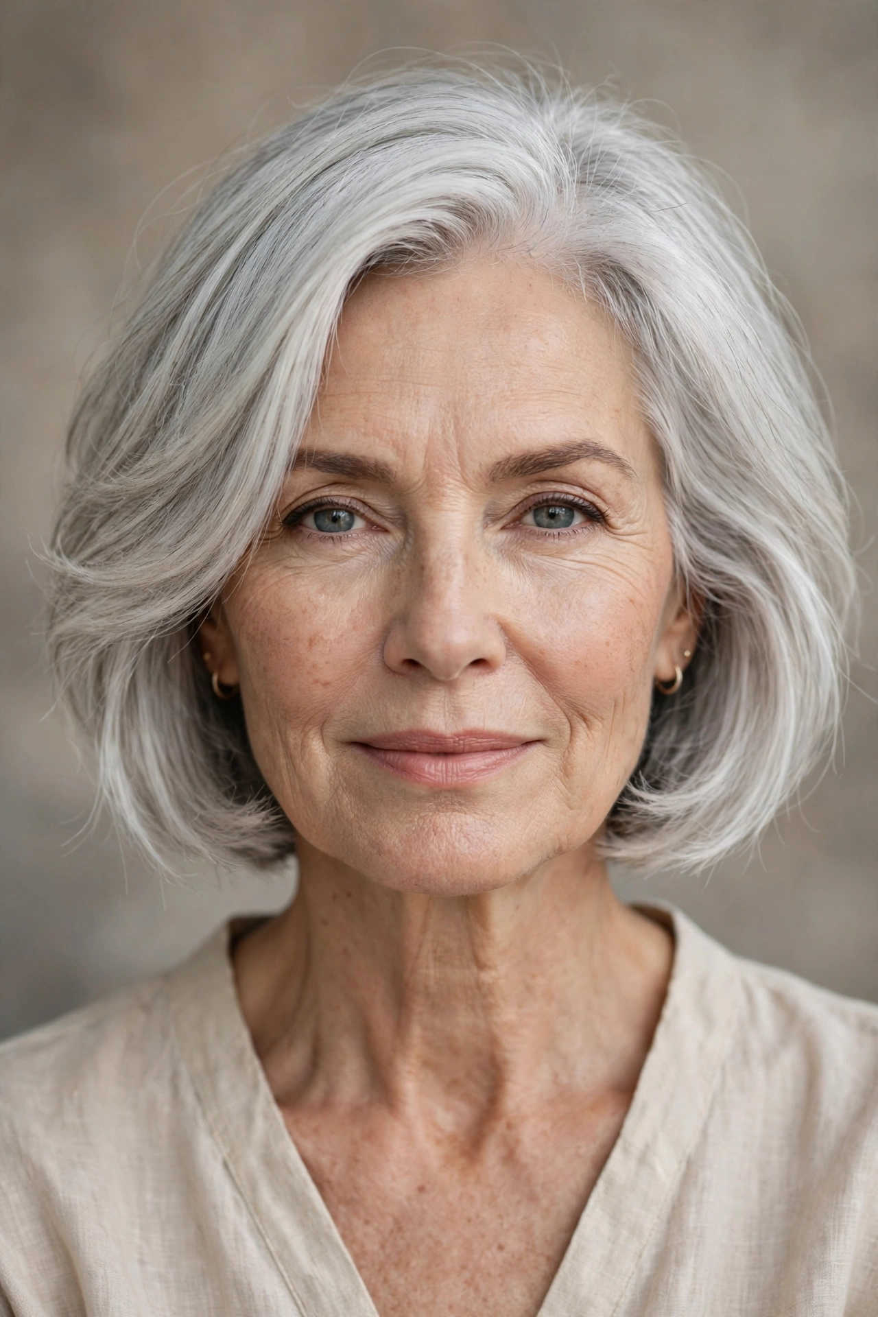 Wispy silver bob on gray hair