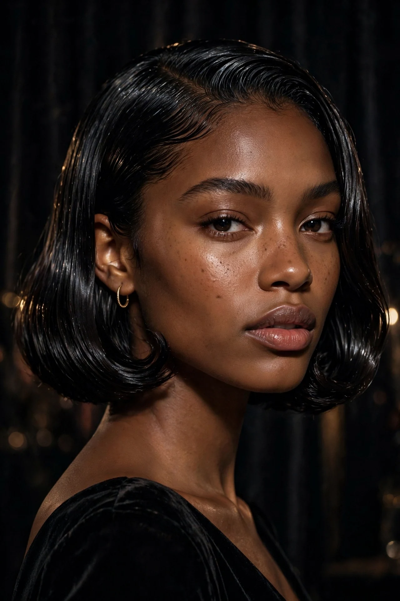 Wet-look Italian cut with glossy slicked roots on a Black woman in her 20s