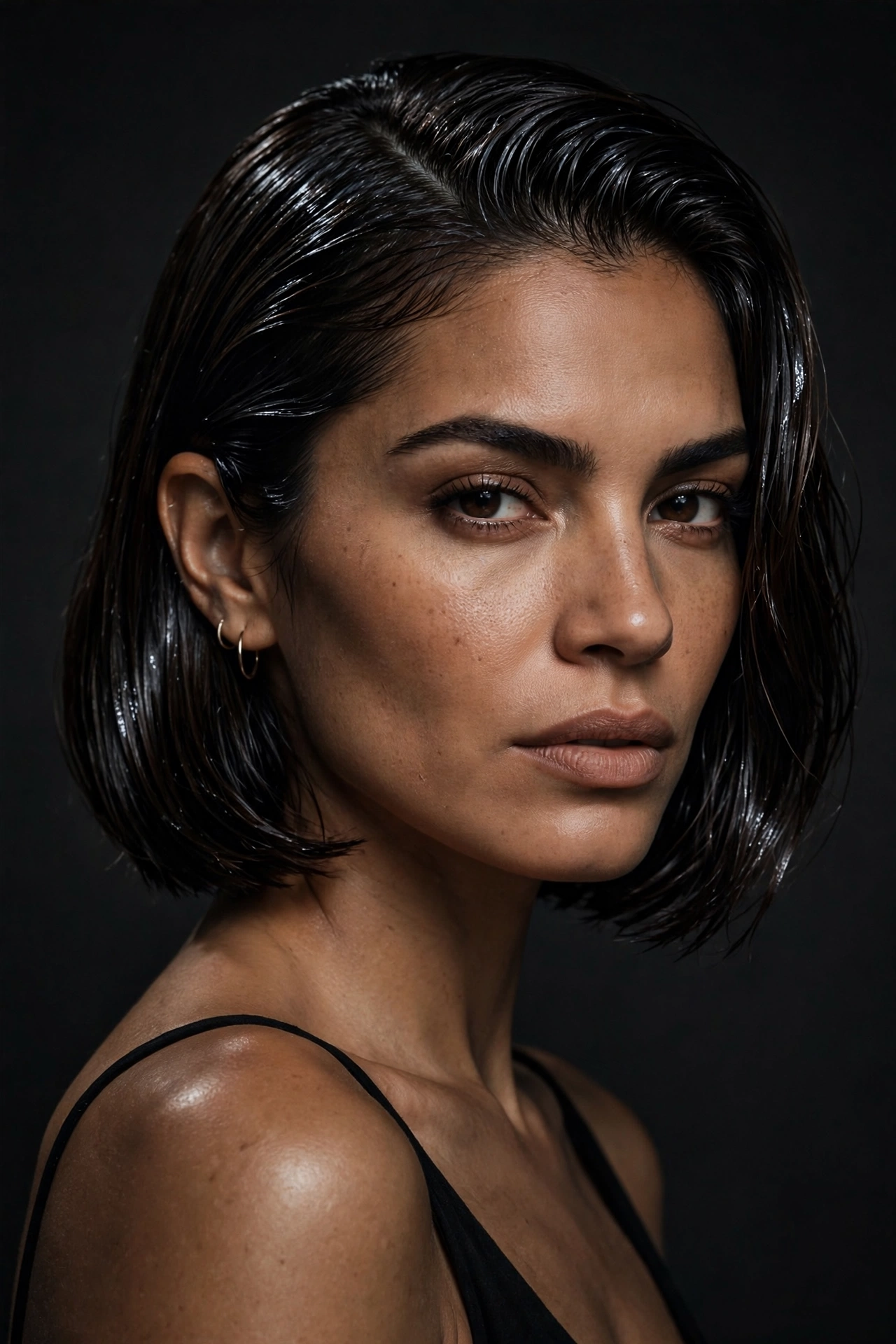 Jaw-length wet-look bob on straight dark hair with high-gloss finish