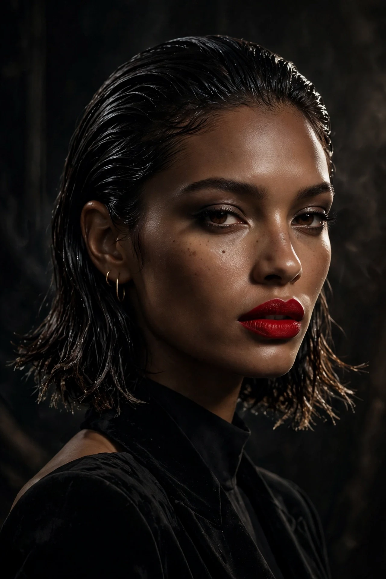 Wet look slicked back midi bob for evening styling