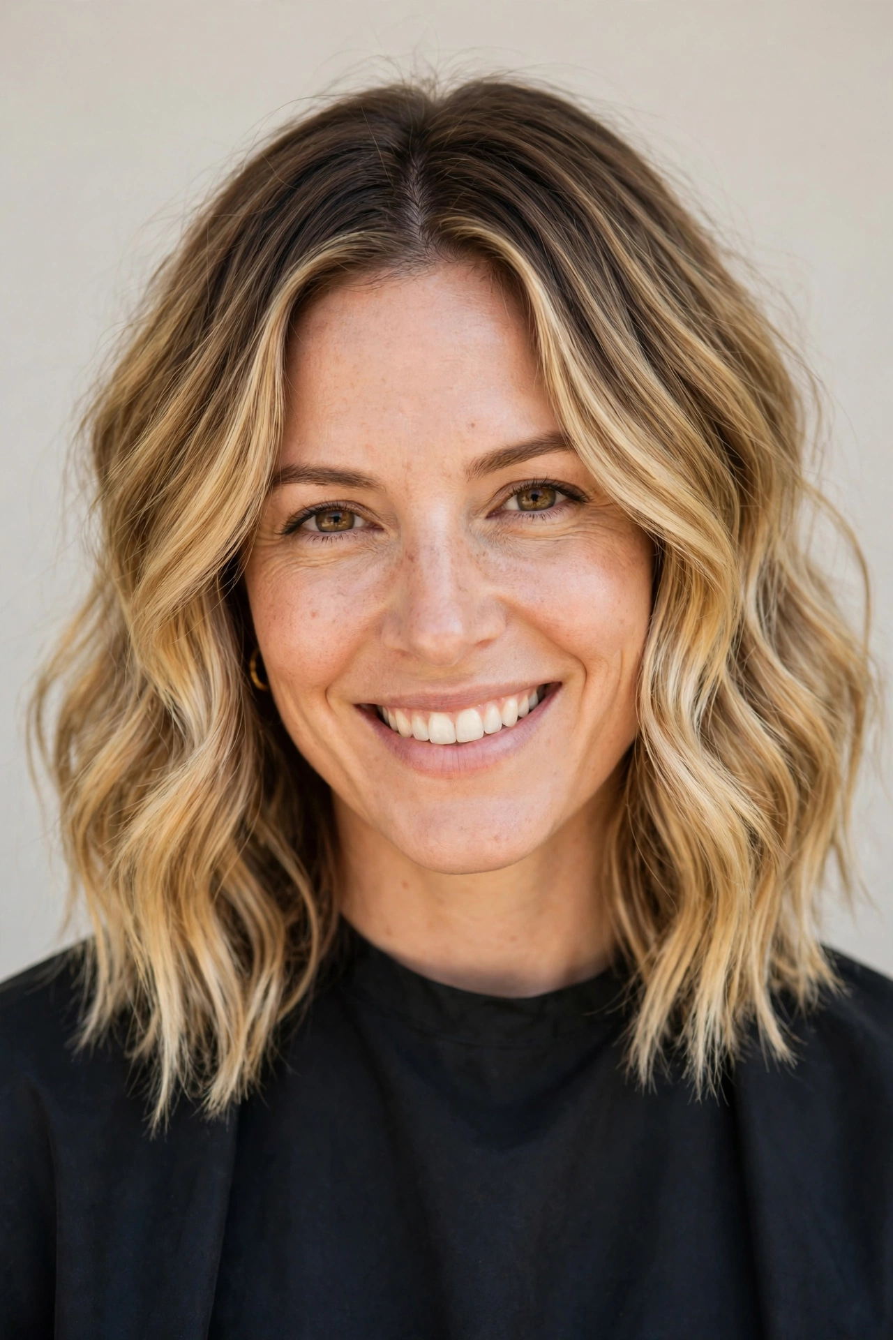 Blonde balayage wavy lob with sunlit dimension