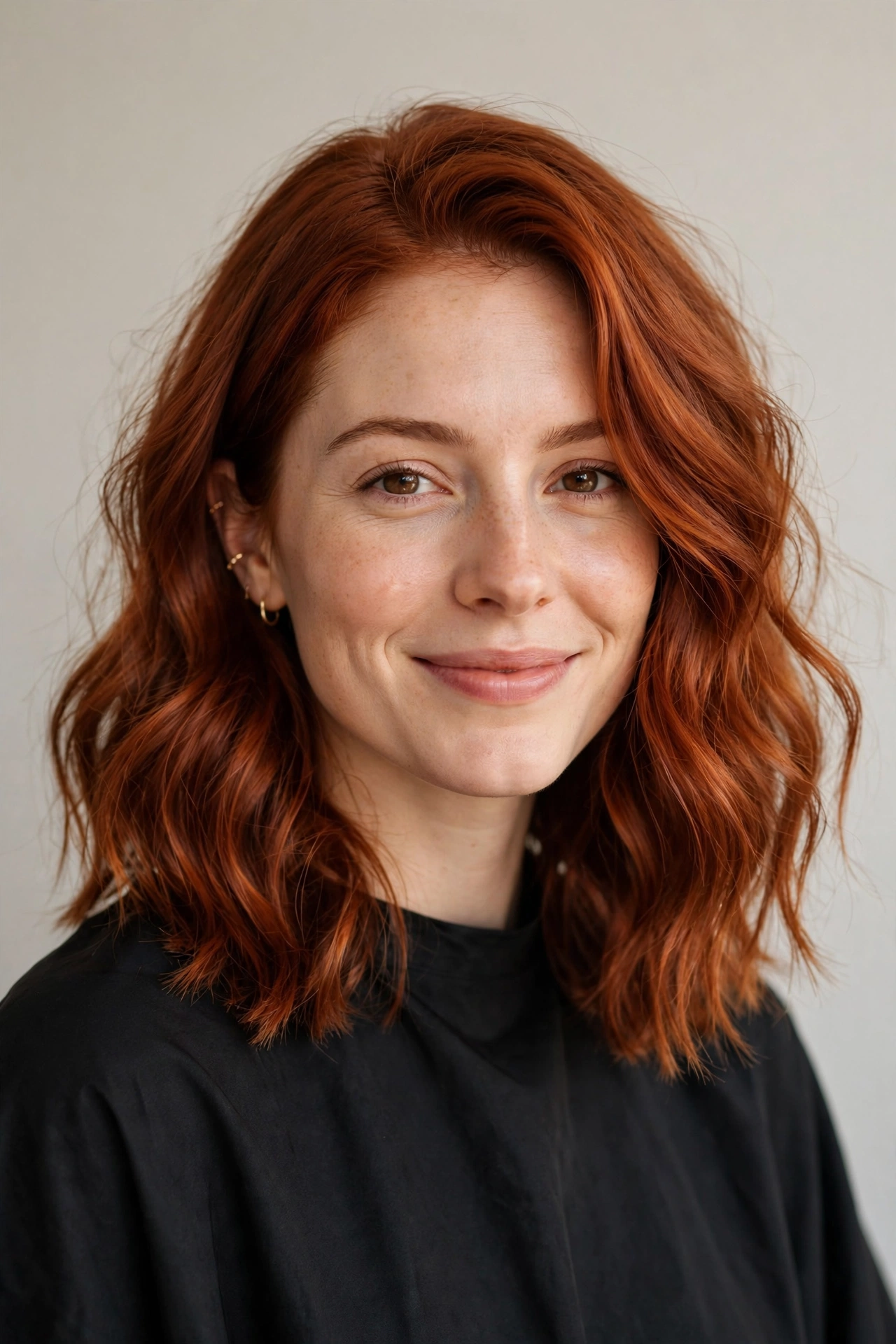 Copper auburn wavy lob with warm loose waves