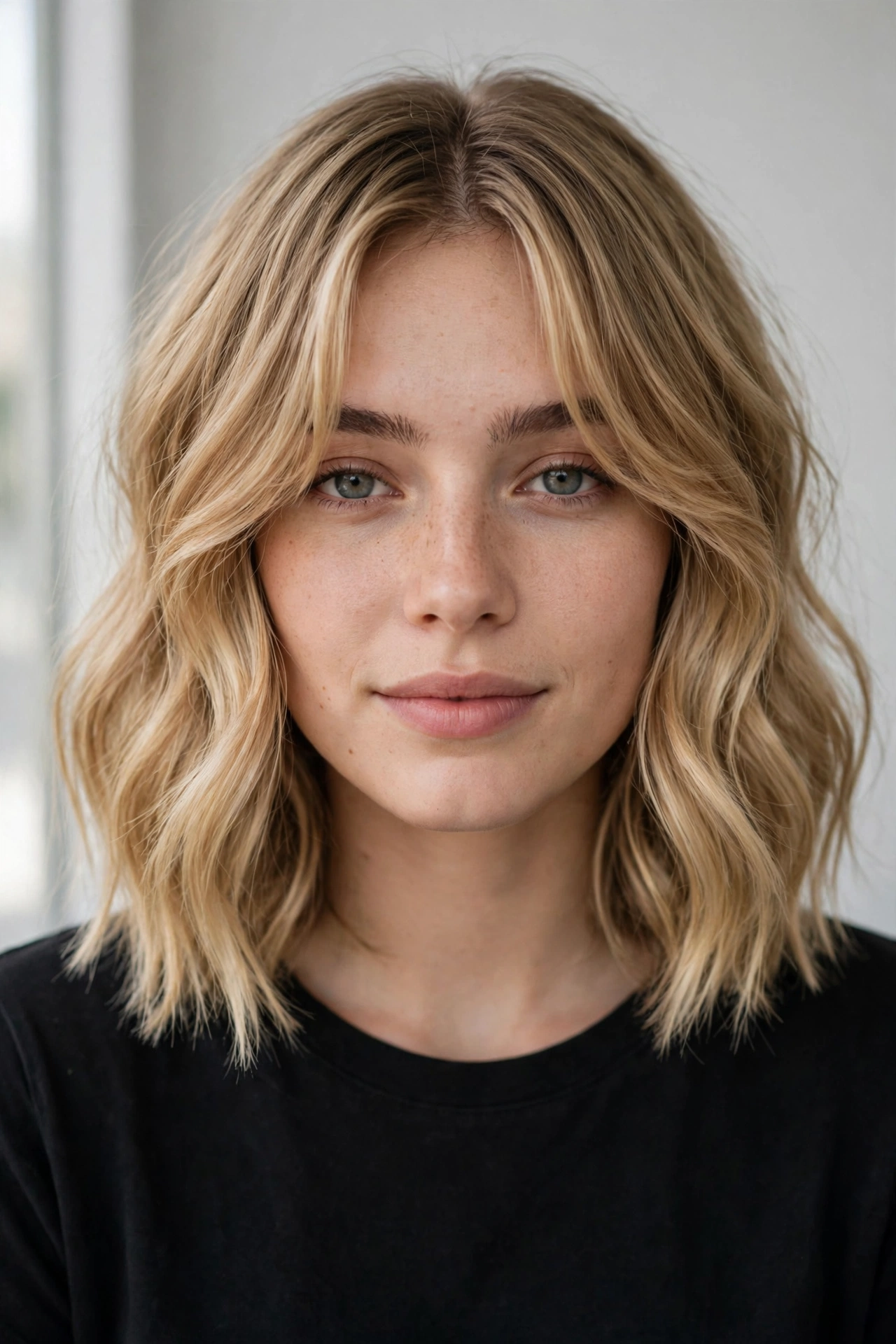 Wavy lob with soft curtain bangs framing the face